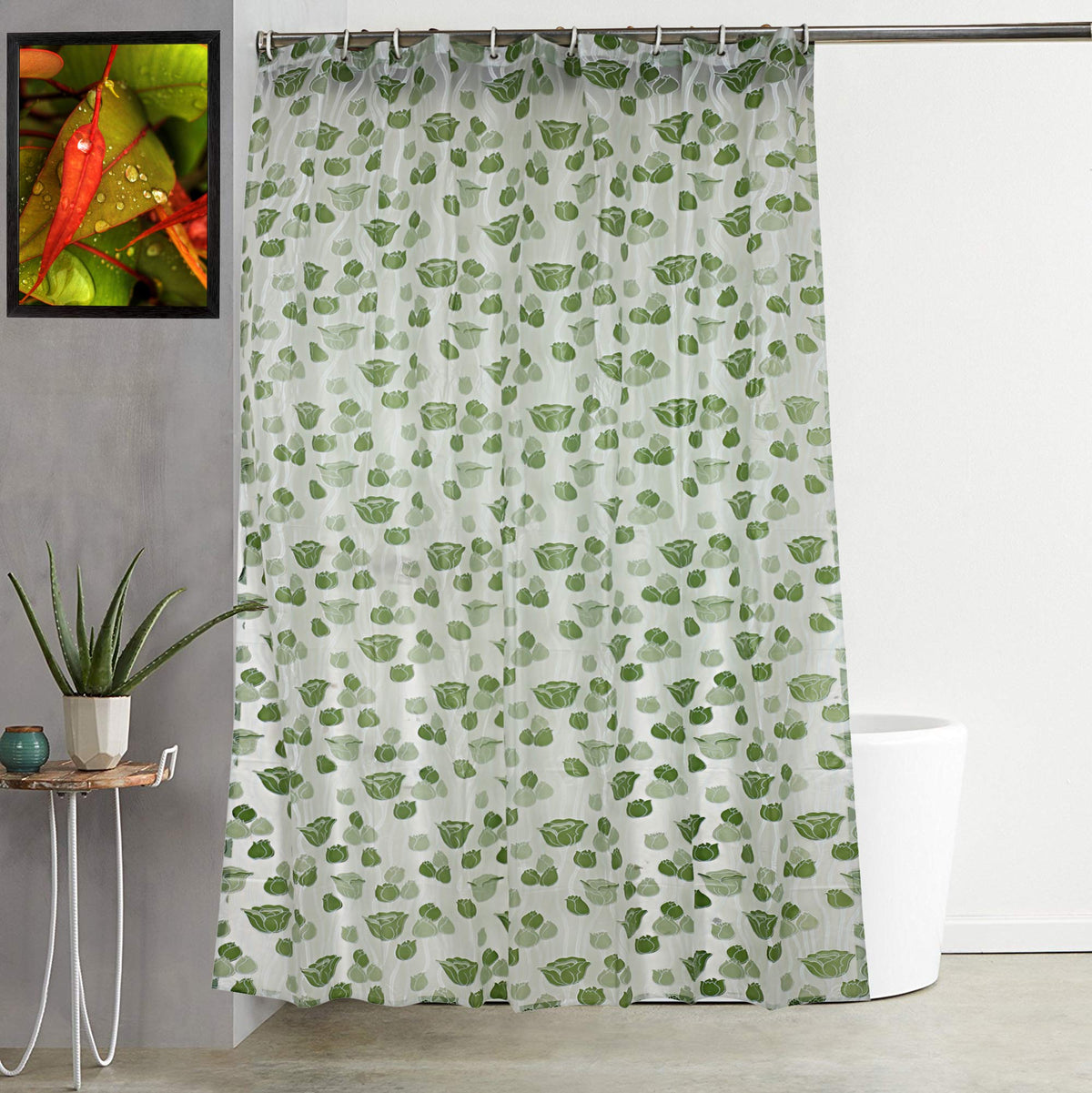 Kuber Industries Floral Design PVC Shower Curtain with Hooks - 54"x84", Green