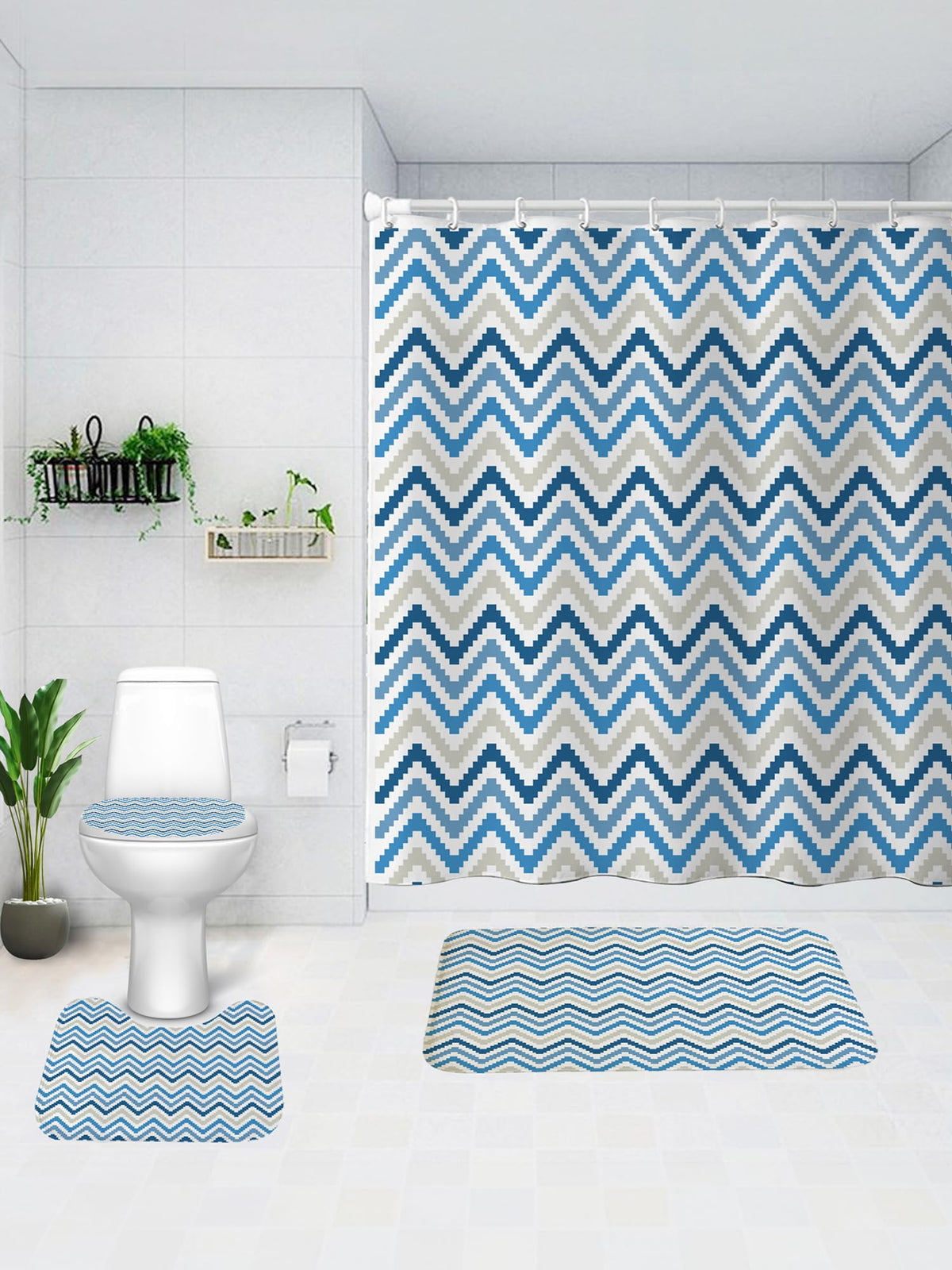 SAVYA HOME Shower Curtain (1) & Bathroom Mat (2) Set, Shower Curtains for Bathroom I, Waterproof Fabric I Anti Skid Mat for Bathroom Floor I Blue Aztec Print, Pack of 3