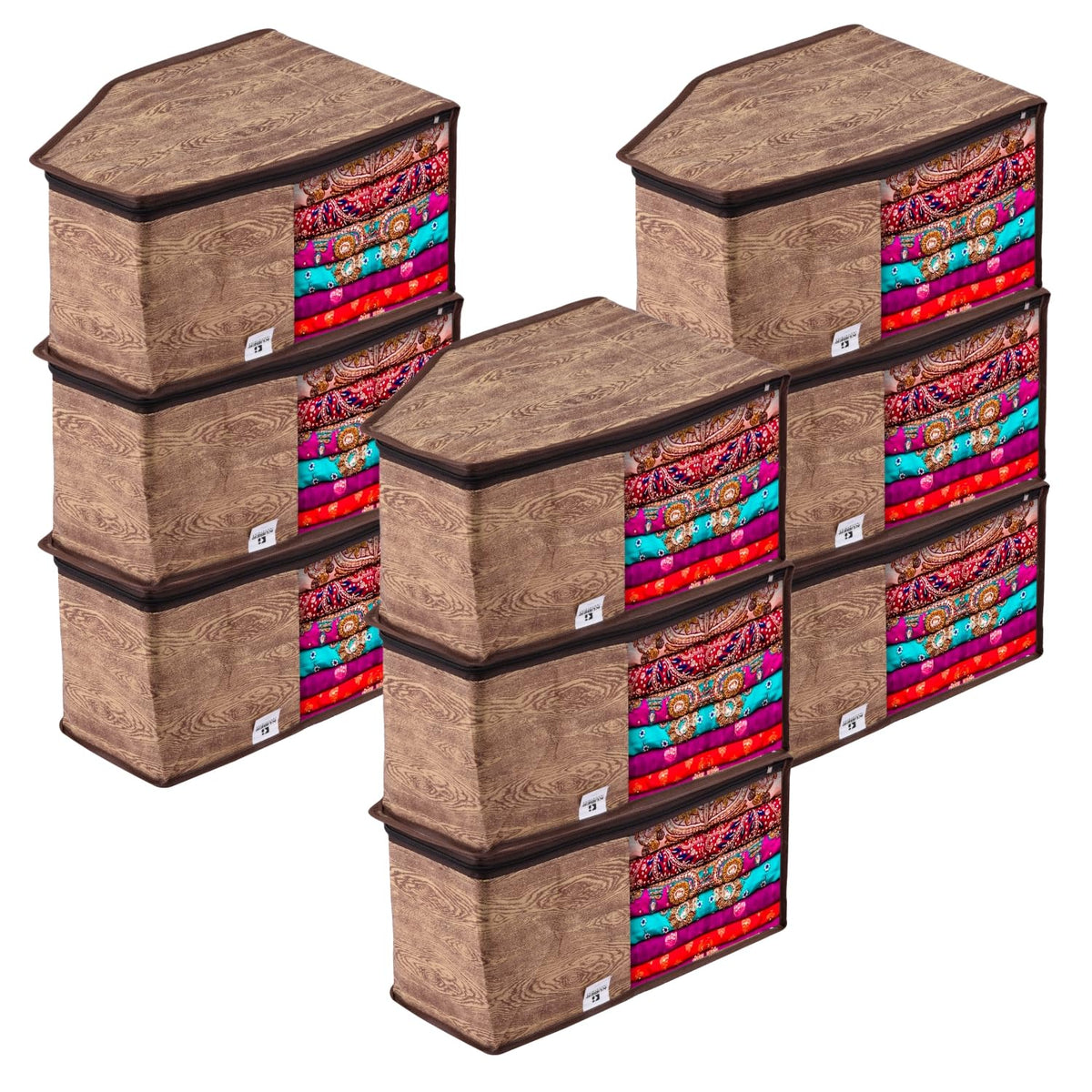 Heart Home Blouse Cover | Clothes Storage Bag | Zipper Wardrobe Organizers | Non-Woven Clothes Organiser | Side Transparent Blouse Organizer | Wooden Texture-Design | Pack of 12 | Brown