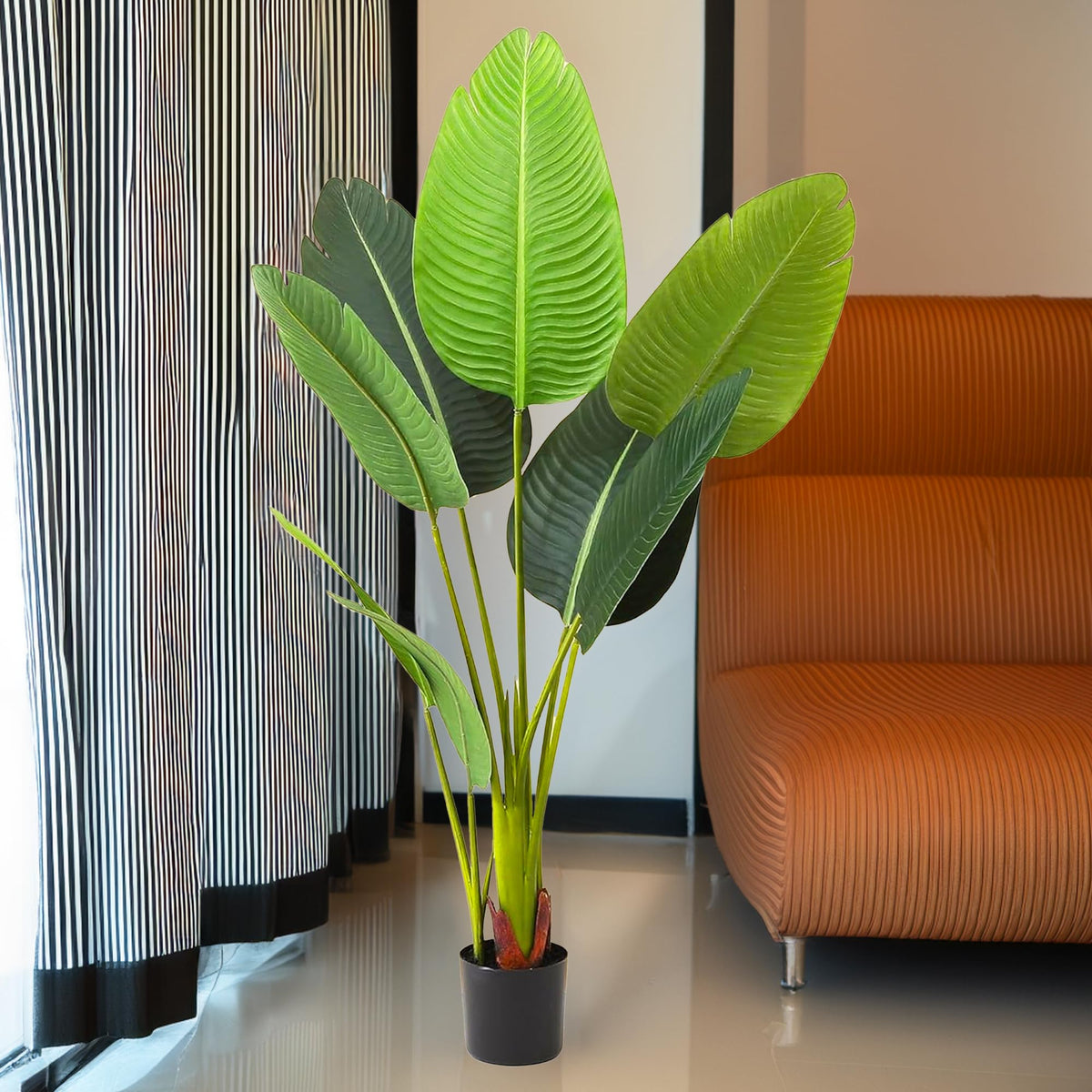 The Better Home Artificial 8 Green Leafs Travelers Banana Plant with Plastic Pot | 117 CM Long | Tall Green Artificial Tree for Home Decoration | Aesthetic Decor Item for Living Room, Reception Area