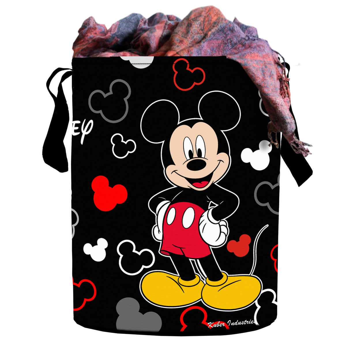 Kuber Industries Disney Print Round Waterproof Cotton Laundry Bag|Toy Storage|Laundry Basket Organizer with Handles, Capicity 45 L (Black)-KUBMART11619