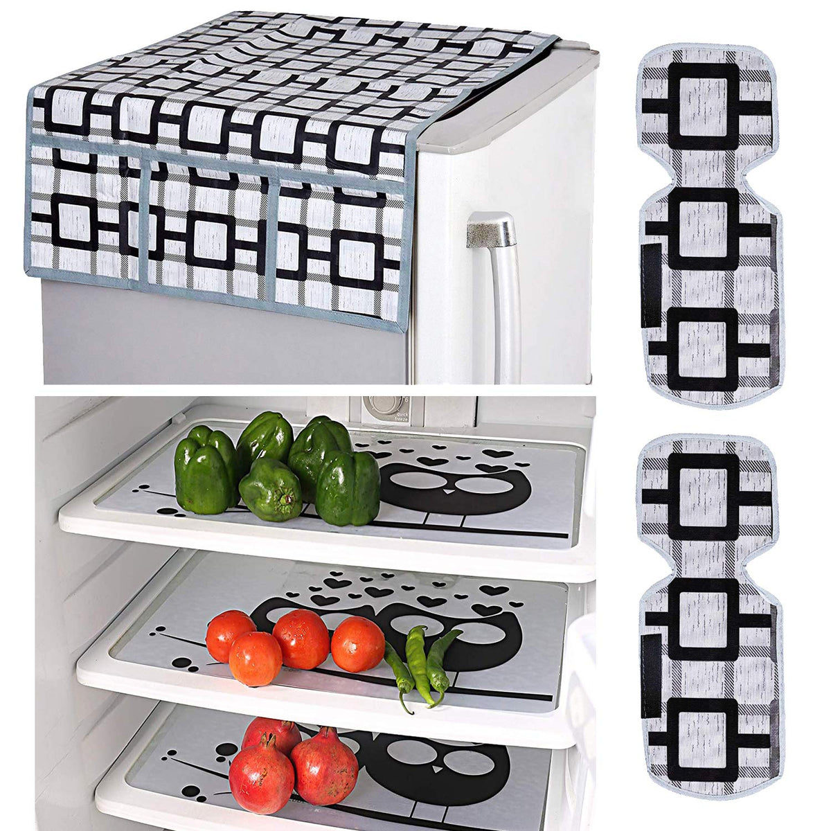 Kuber Industries Checked Design Combo PVC 3 Pieces Fridge Mats, 2 Piece Handle Cover and 1 Piece Fridge Top Cover(Grey)