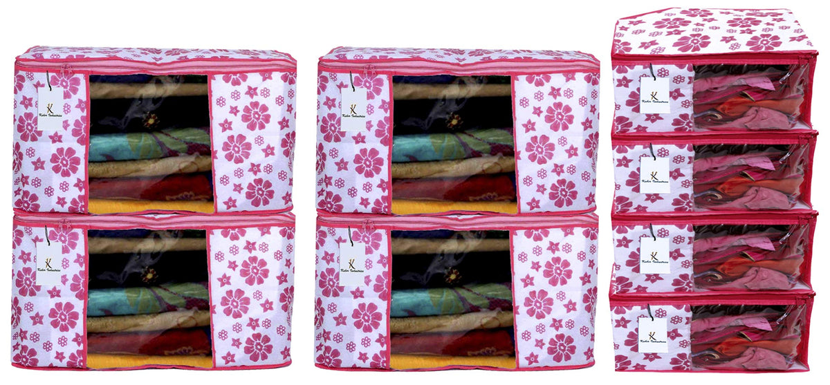 Kuber Industries Flower Design Non Woven 4 Piece Saree Cover/Cloth Wardrobe Organizer and 4 Pieces Blouse Cover Combo Set (Pink) -CTKTC038442