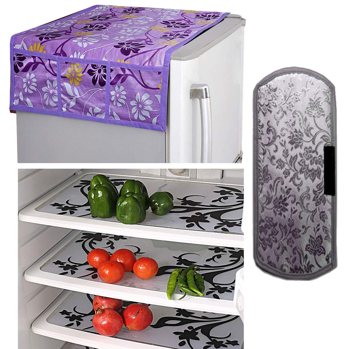 Kuber Industries PVC 3 Pieces Fridge Mats, 1 Piece Handle Cover and 1 Piece Fridge Top Cover (Purple)-CTKTC14572