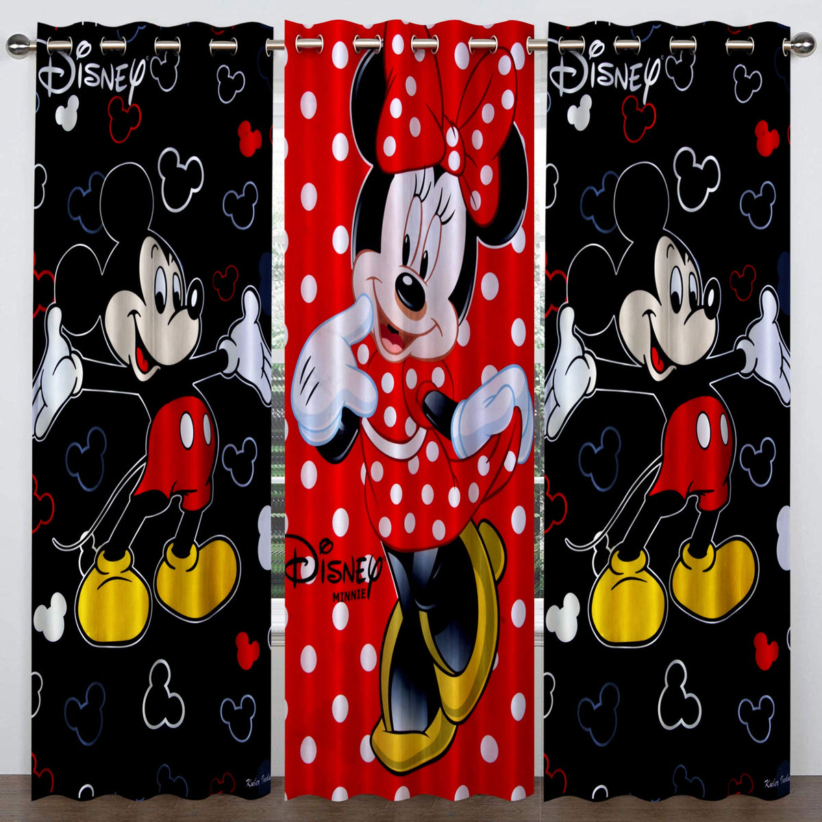 Kuber Industries Disney Minnie Mickey Print 3 Pieces Polyester Special Blackout Long Crush Eyelet Door Curtain 7 Feet (Red & Black)-KUBERMART76, Standard (KUBERMART076)