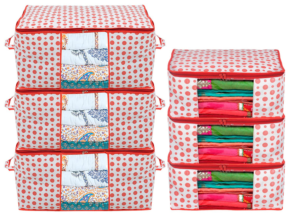 Heart Home Dot Printed Foldable, Lightweight Non-Woven 3 Saree Cover & 3 Underbed Storage Bag Set For Saree, Clothes, Blankets With Tranasparent Window, Set of 6 (Pink)-46HH0614