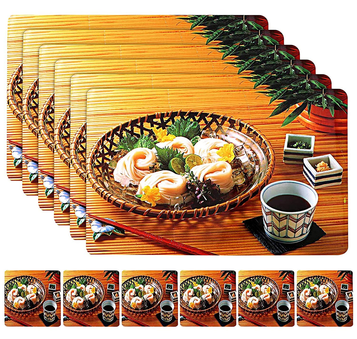 Heart Home Wooden Fruits Design PVC 6 Piece Dining Table Placemat Set with Tea Coasters (Brown) CTHH05177