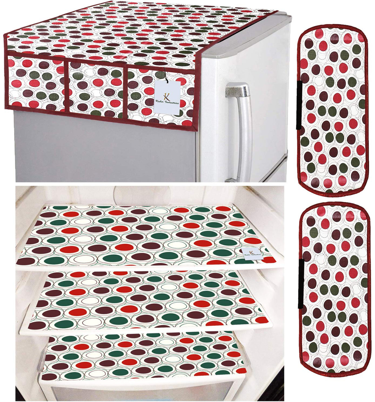 Kuber Industries Circle Design 3 Pieces PVC Fridge Mats,2 Piece Handle Cover and 1 Piece Fridge Top Cover (Maroon & Cream) CTKTC33658