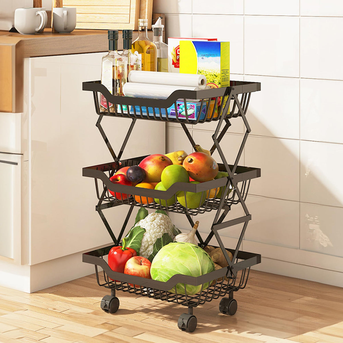 CHESTON Multi Layered Kitchen Organiser | Stackable Storage Rack | Collapsible Black Baskets of Carbon Steel | Rust-Resistant | Sturdy Vegetable Basket for Kitchen Storage (3 Layer)