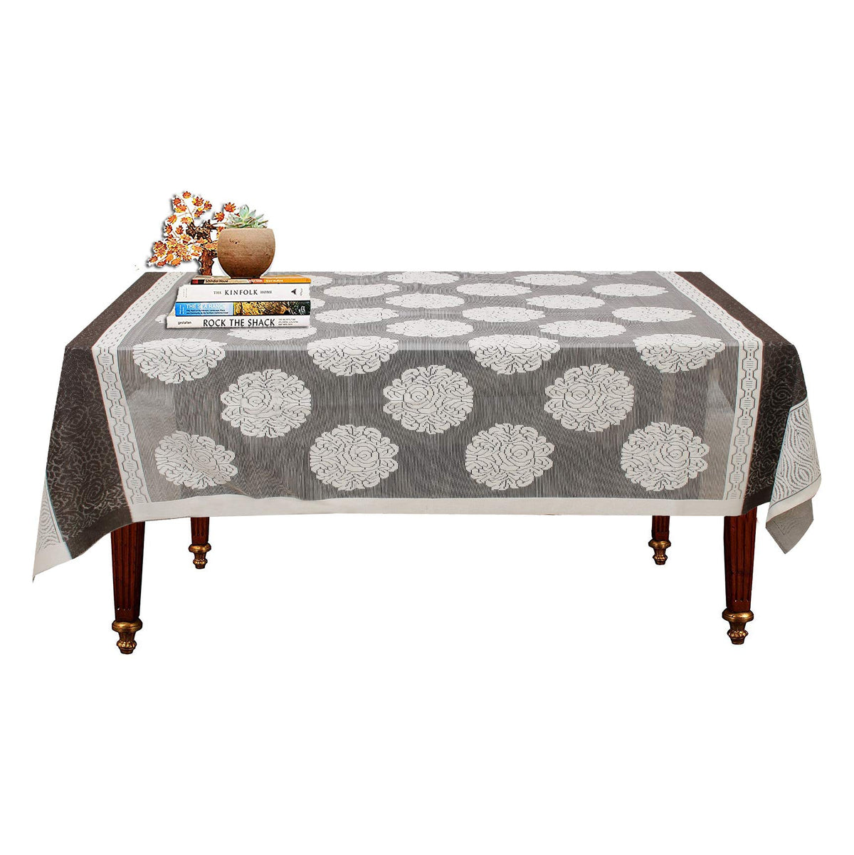 Kuber Industries Flower Design Cotton 4 Seater Center Table Cover 60"x40"(White & Brown) CTKTC34012