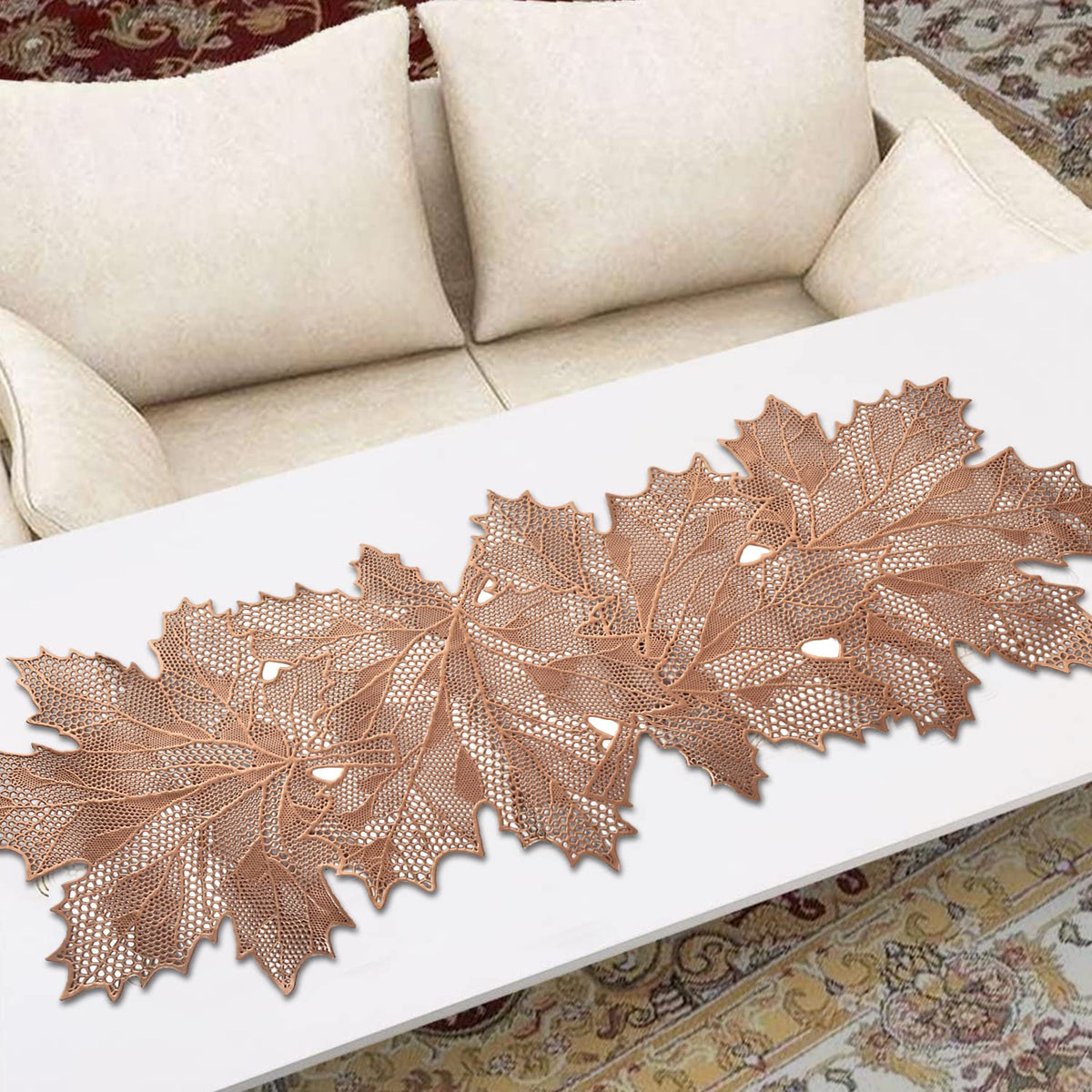 Heart Home Leaf Design Soft Leather Table Runner for Patios Family Dinner Office Kitchen Table (Copper)-Hs43Hearth26605, Standard, Large