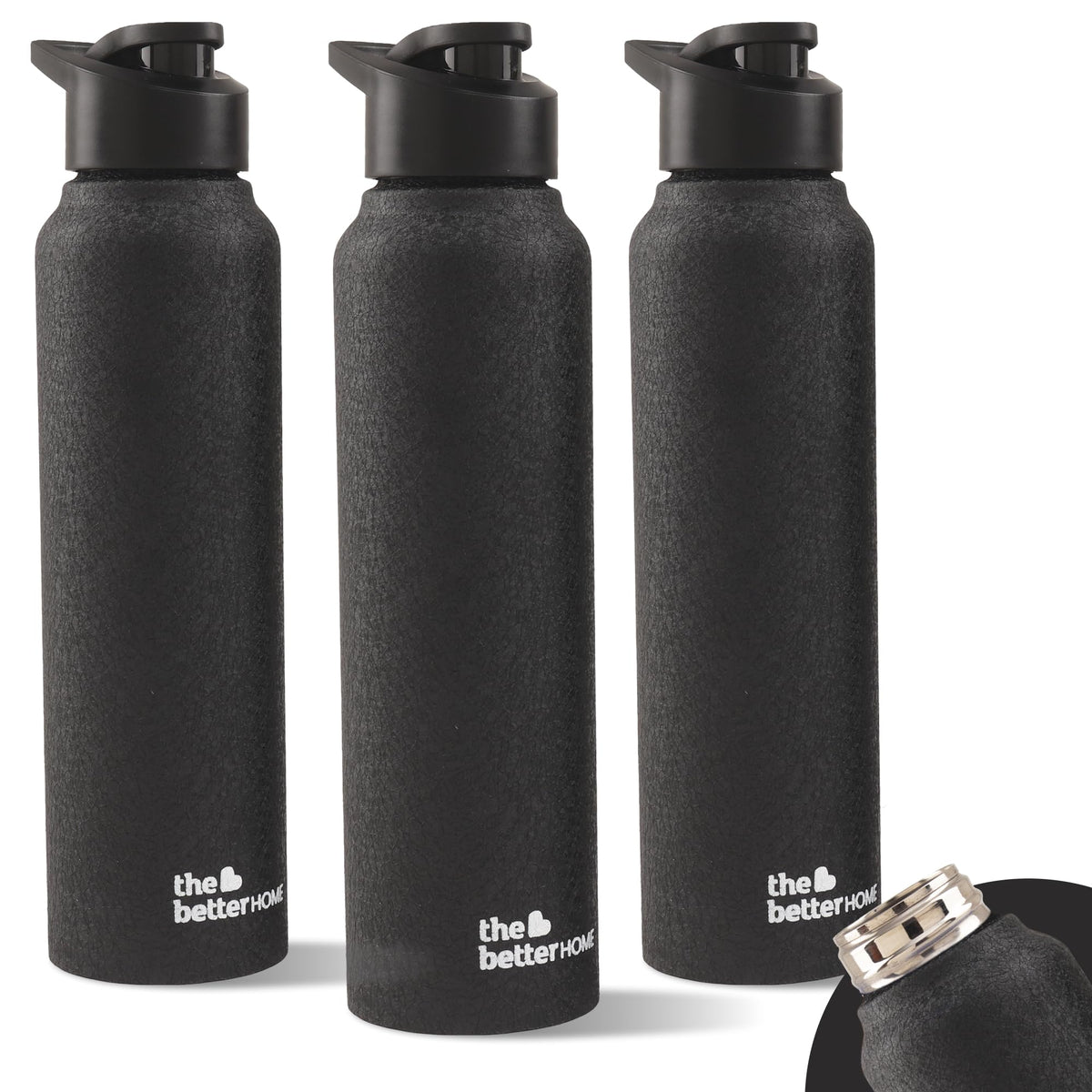 The Better Home Stainless Steel 1 Litre Water Bottle with Sipper Cap | Pack of 6 | Travel Sipper Bottle for Adults/School/Office | Water Bottle for Kids | Black (P03_Black)