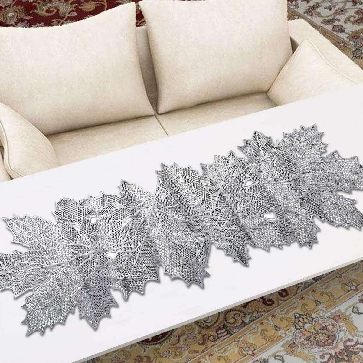 Kuber Industries Leaf Design Soft Leather Table Runner|Patios for Family Dinner|Office/Kitchen Table|Size 92 x 36 (Silver)-HS43KUBMART26603