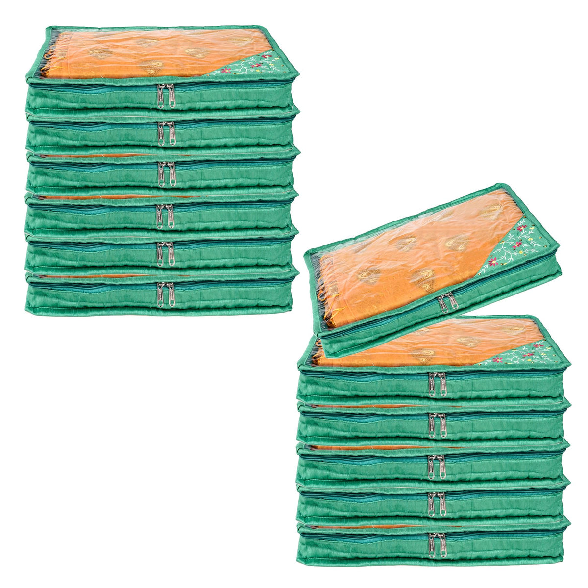 Kuber Industries Saree Cover | Clothes Storage Bag | Suit Packing Cover | Cloth Stoarge Organizer | Wardrobe Cloth Storage Organiser with Zip | Side Embroidery-Design | 3 Inch | Pack of 12 | Green