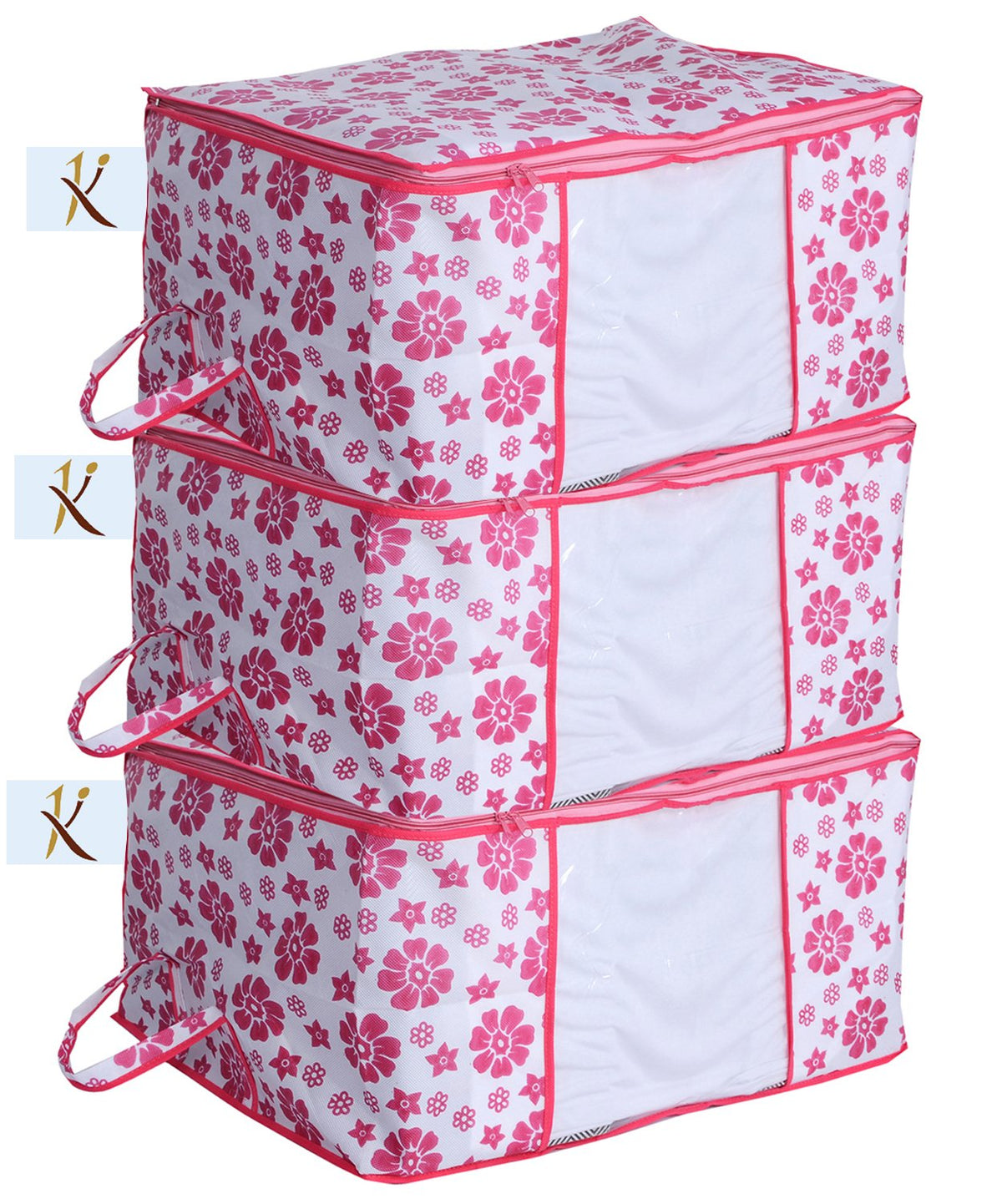 Kuber Industries 3 Piece Non Woven Under Bed Storage Organiser Set, Pink, Standard (UNDERPinkf02)