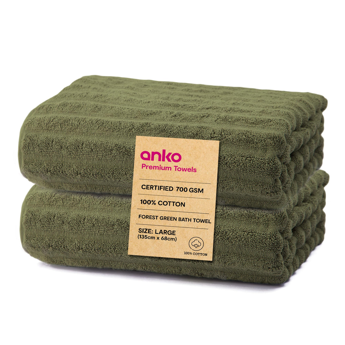 Anko Australia 100% Cotton 700 GSM Large Ribbed Bath Towel | Set of 2 | Super-Soft, Absorbent, Quick-Drying | Olive Green Towel for Men, Women & Kids | 135x68 cm |Travel, Gym, Spa Towel