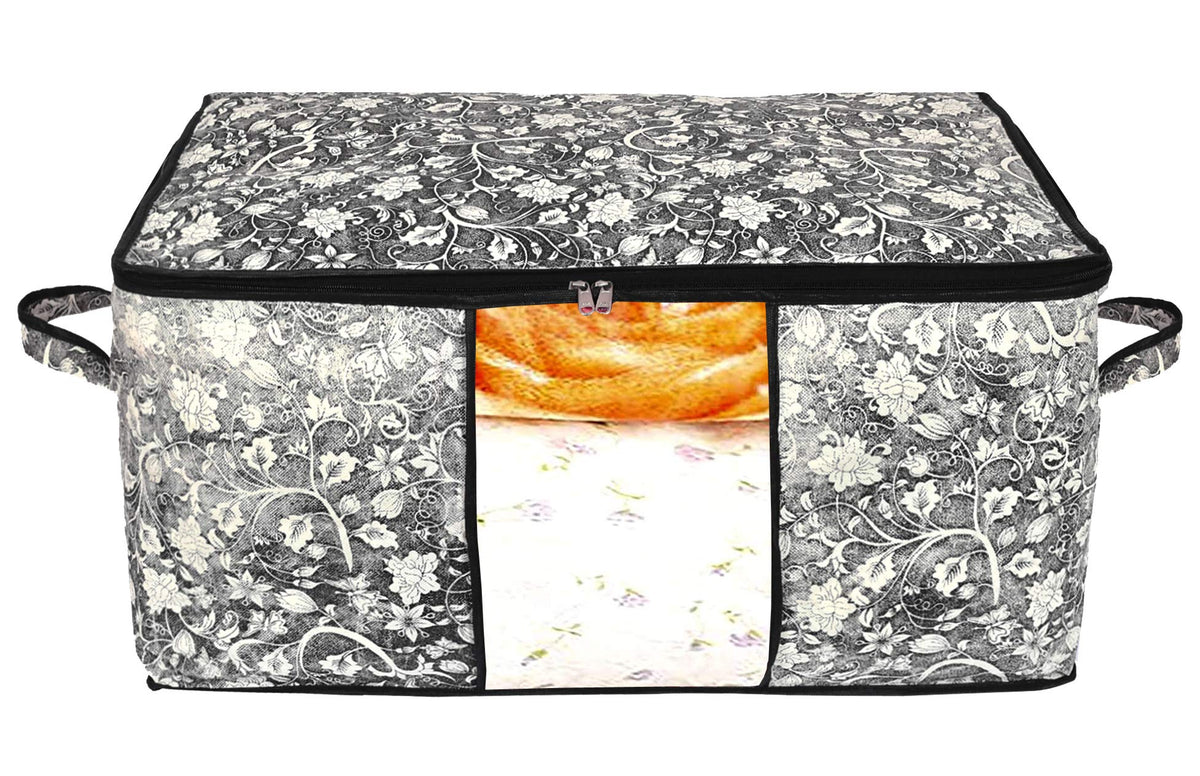 Kuber Industries Metalic Flower Print Non Woven Underbed Storage Bag,Cloth Organiser,Blanket Cover with Transparent Window (Black)-KUBMART16597