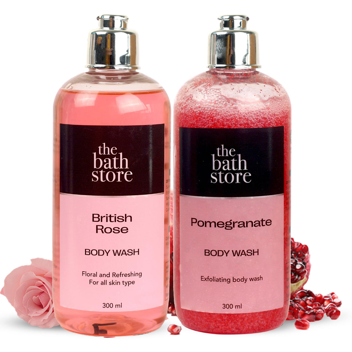 The Bath Store Body Wash Shower Gel Pack of 2 (Pomegranate + British Rose) | Exfoliating Body Wash For Dry Skin & Oily Skin | Tan Removal Body Wash For Men & Women - (300 * 2) ml