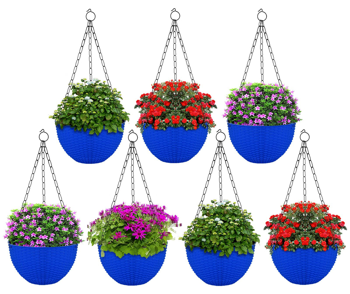 Kuber Industries Plastic Hanging Flower Pot for Balcony & Railing Set of 7 (Blue)-18x18x59 cm