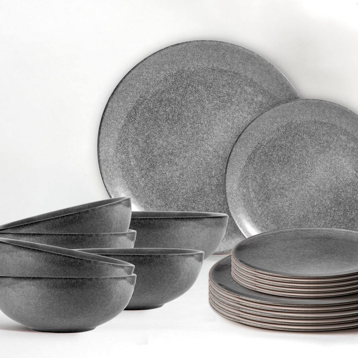 Anko Glazed Stoneware 18 Pcs Solid Dinner Set | Premium Crockery For Dining Table, Home, Restaurant, Gifting | Aesthetic Tableware Service Set For 6 | 6 Dinner Plates, 6 Side Plates, 6 Bowls, Grey