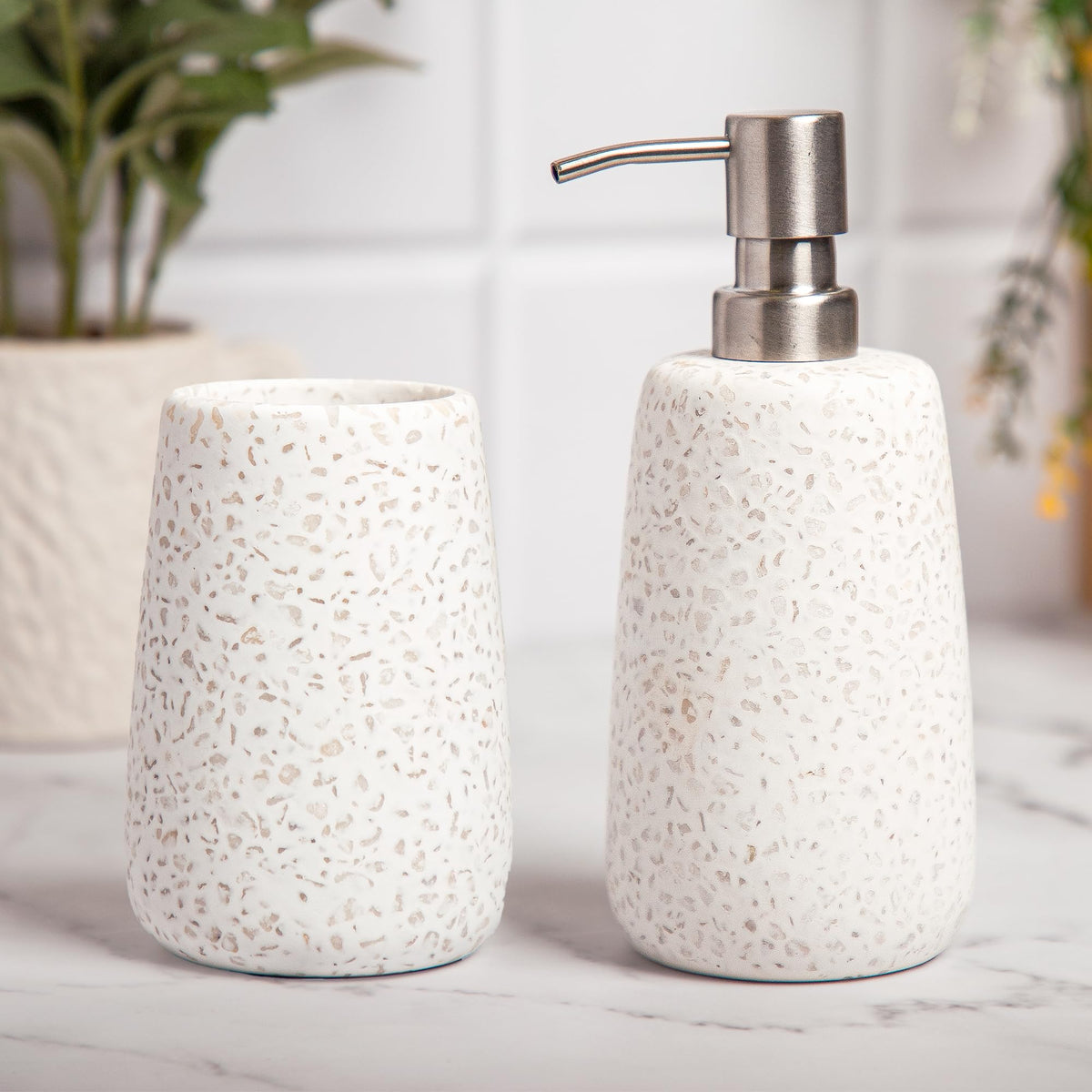 Anko Stoneware Liquid Soap Dispenser (500mL) & Toothbrush Holder Stand Set | Bathroom Organiser for Home, Office, Washroom | Bathroom Sanitizer, Lotion, Shampoo Dispenser | Bathroom Accessories, White