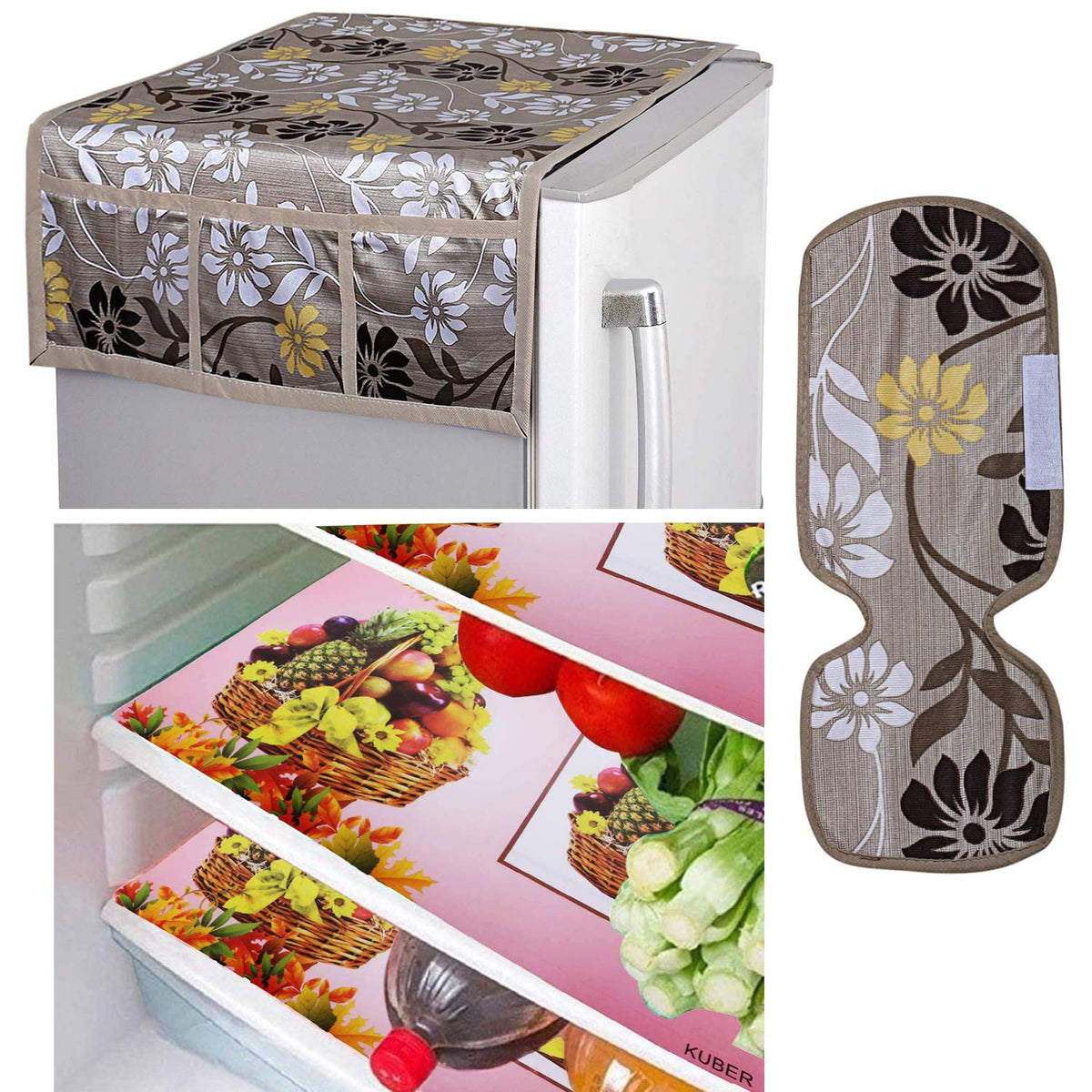 Kuber Industries PVC 3 Pieces Fridge Mats, 1 Piece Handle Cover and 1 Piece Fridge Top Cover (Gold)-CTKTC14600