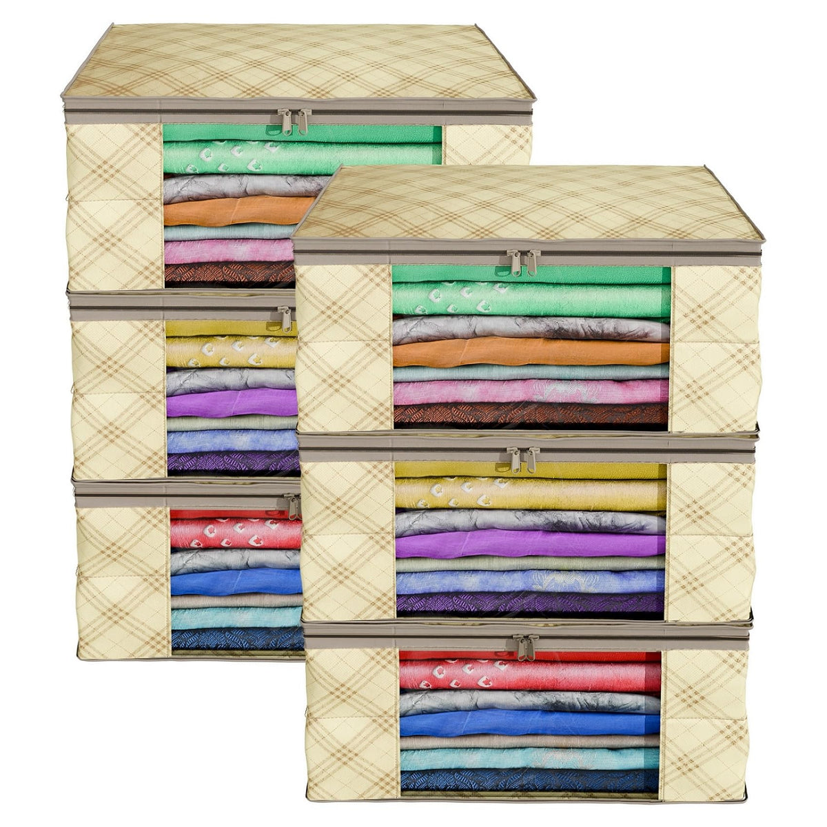 Kuber Industries Clothes Organizer For Wardrobe (Pack of 6) - Storage Organizer For Saree | Shirts | Salwar | Clothes - Dress Organizer For Wardrobe - Saree Covers With Zip (Printed) (Beige)