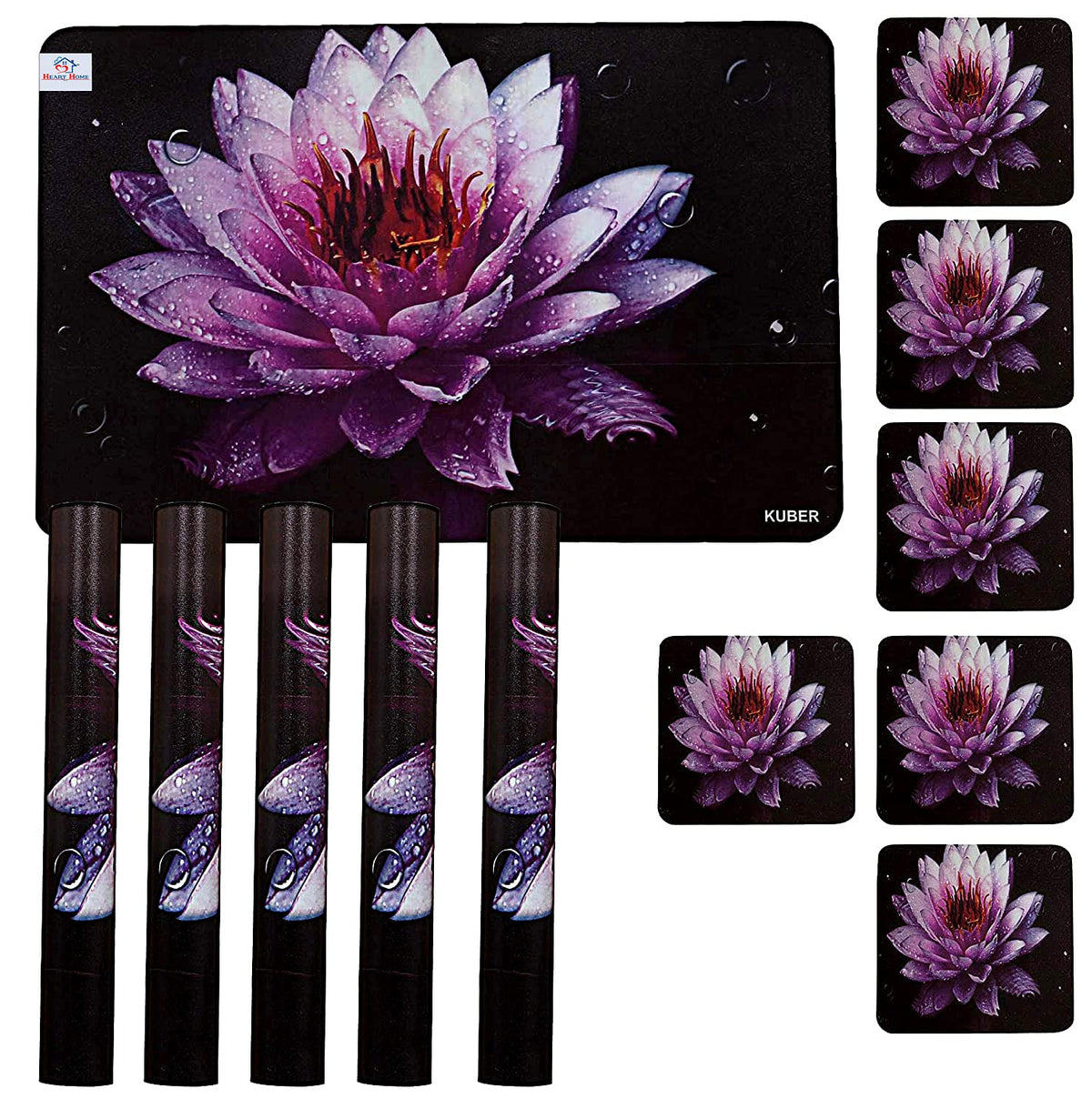 Heart Home Lotus Printed PVC Stain Resistant, Anti-Skid, Waterproof 6 Pcs Placemats with 6 Pcs Tea Coasters Set for Dining Kitchen Restaurant Table, Set of 12 (Black)