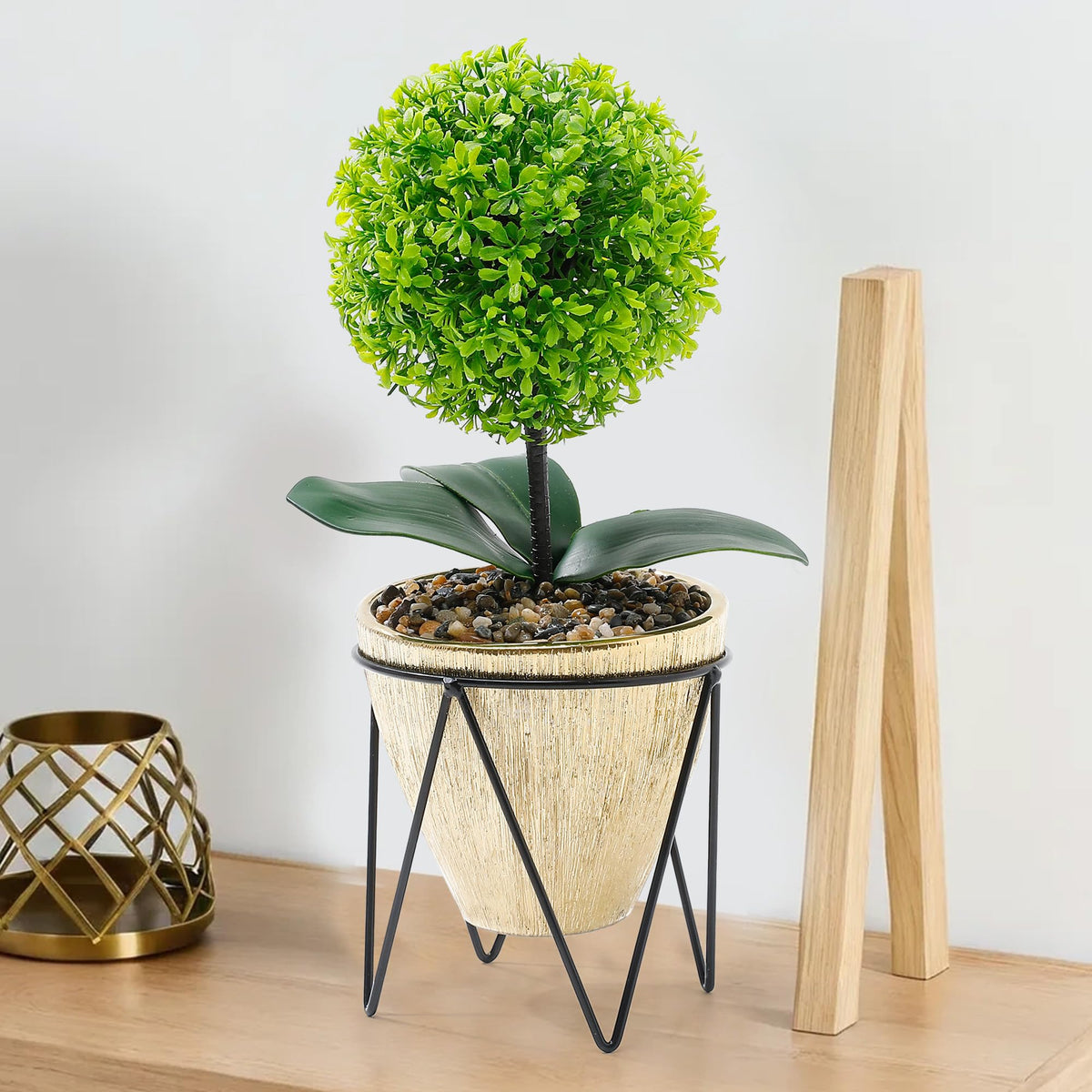 The Better Home Artificial Plants for Home Decor Items with Iron Stand(36cm) |Aesthetic Room Decor Items for Bedroom| Fake Plants Decorative Items for Home| Green Boxwood in Electroplated Cement Pot|