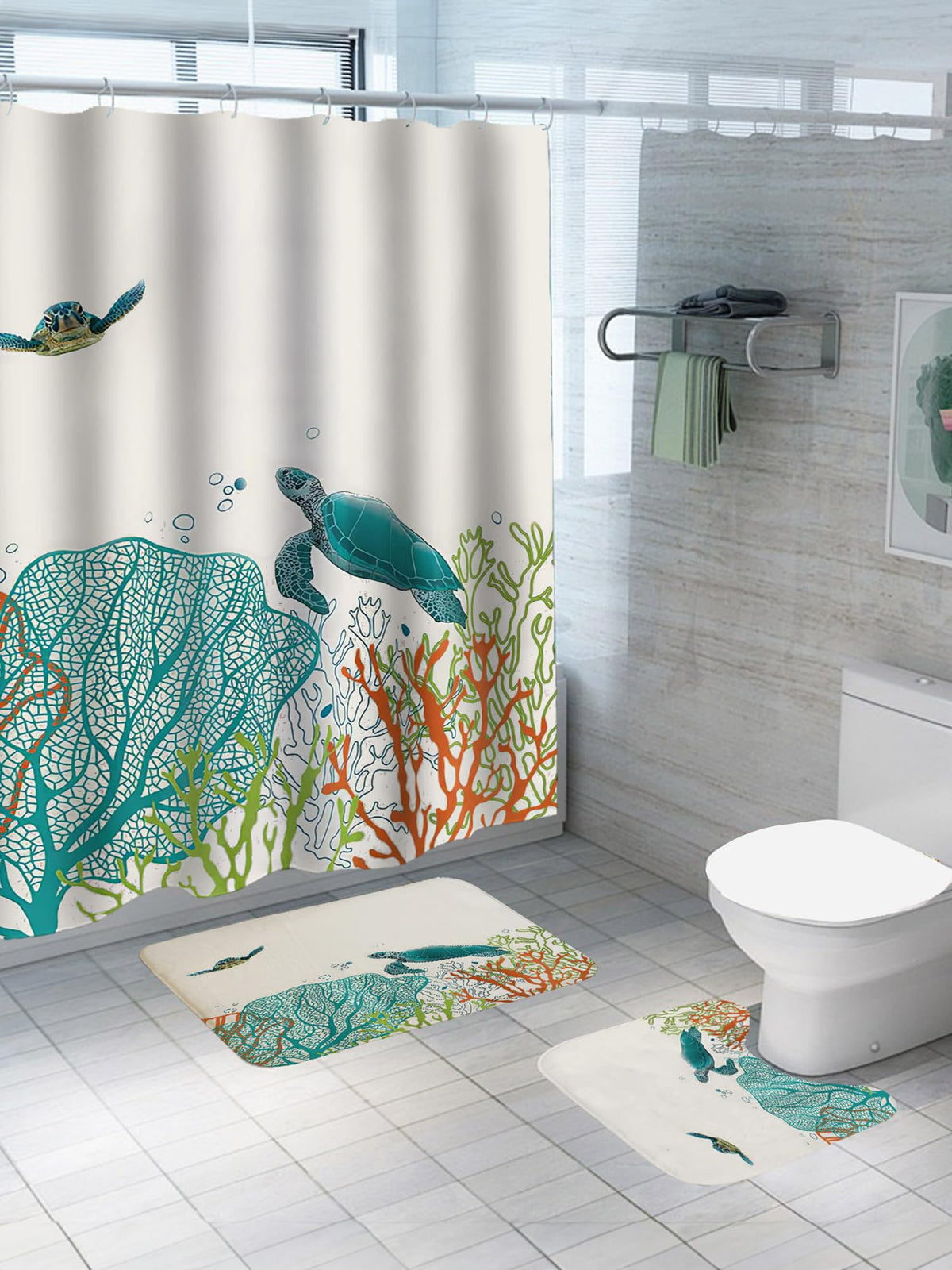 SAVYA HOME Shower Curtain (1) & Bathroom Mat (2) Set, Shower Curtains for Bathroom I, Waterproof Fabric I Anti Skid Mat for Bathroom Floor I Sea Turtles Print, Pack of 3