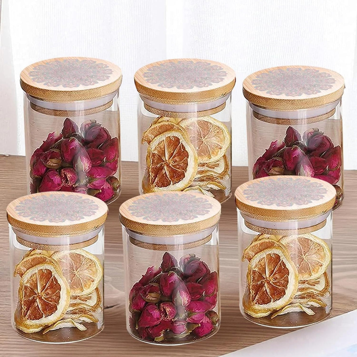 Ekhasa Airtight 100% Borosilicate Glass Jars with Printed Bamboo Lid (Set of 6, 300ml) | Glass Container for Kitchen Storage | Kitchen Containers Set Glass | Air Tight Glass Jar with Wooden Lid