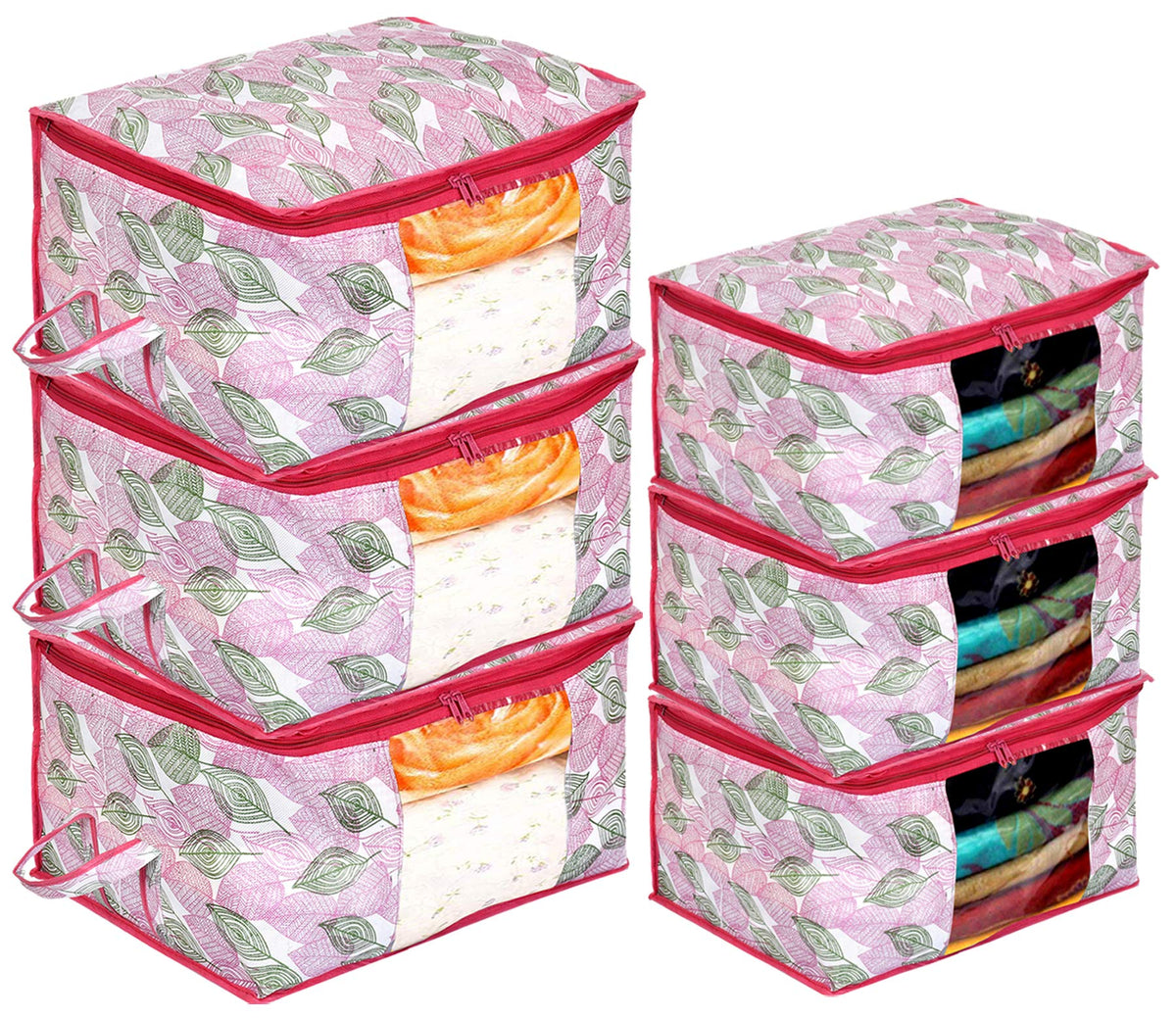 Kuber Industries Metalic Leafy Print 3 Piece Non Woven Saree Cover And 3 Pieces Underbed Storage Bag, Storage Organiser, Blanket Cover (Set of 6,Pink)-KUBMART16692