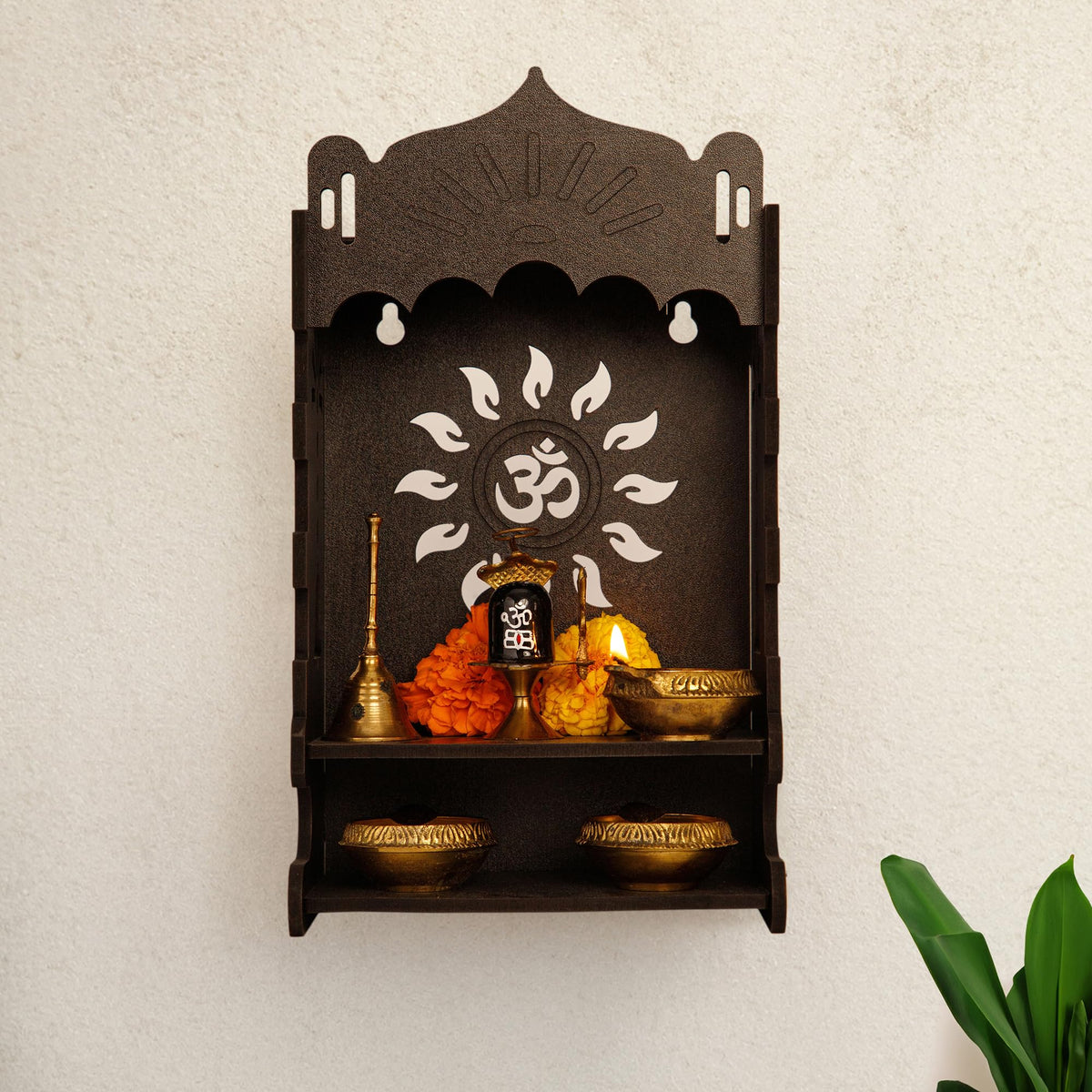 UMAI Wooden Pooja Mandir for Home Wall Mounted (25cm) | Small Wooden Temple for Home | Pooja Stand for Home | Puja Mandir for Home| Pooja Unit for Home with LED Spotlight |Temple for Office-OM(Coffee)