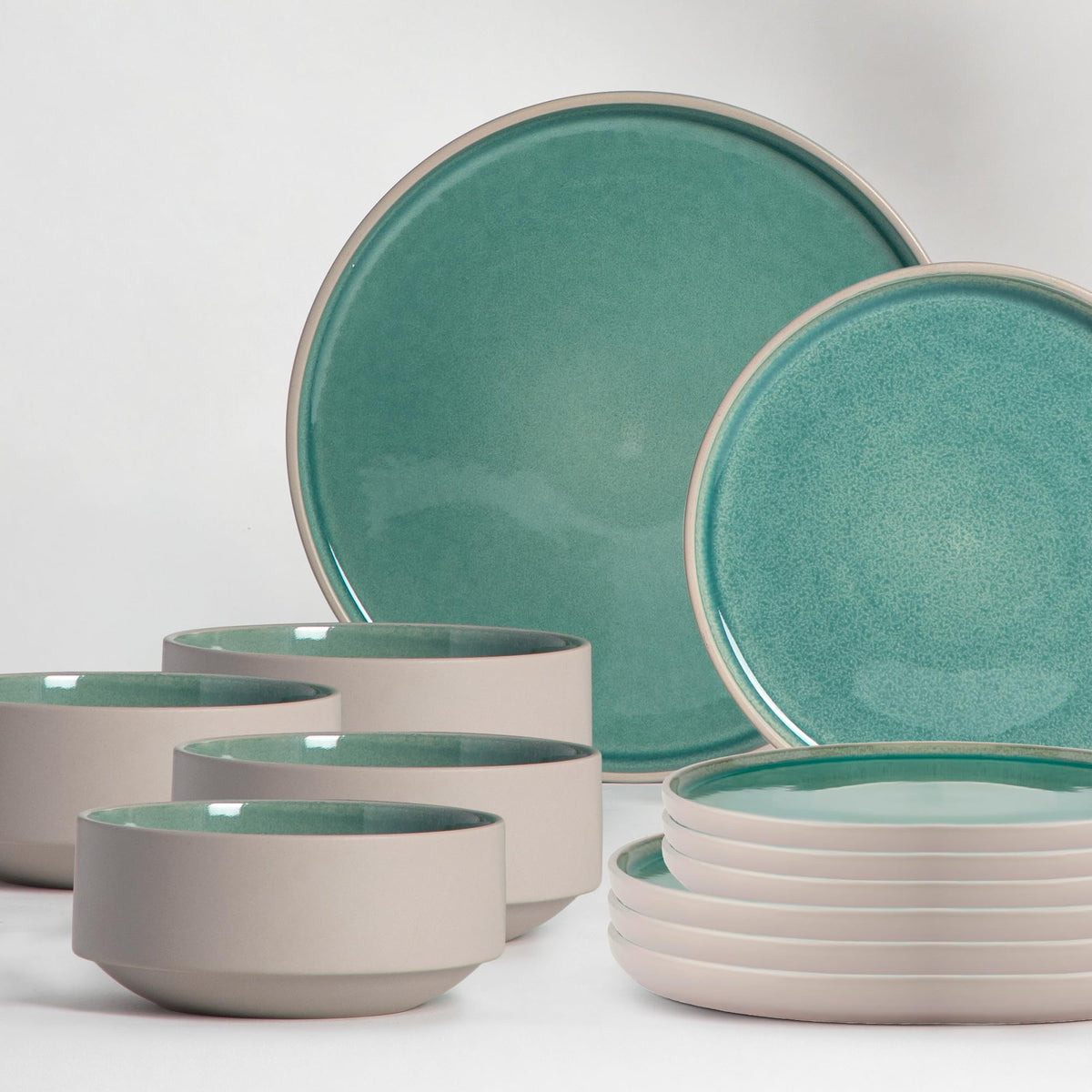 Anko Glazed Stoneware 12 pcs Dinner Set | Premium Crockery for Dining Table, Home, Restaurant, Gifting | Aesthetic Tableware Service Set for 4 | 4 Dinner Plates, 4 Side Plates, 4 Bowls, Sage Green