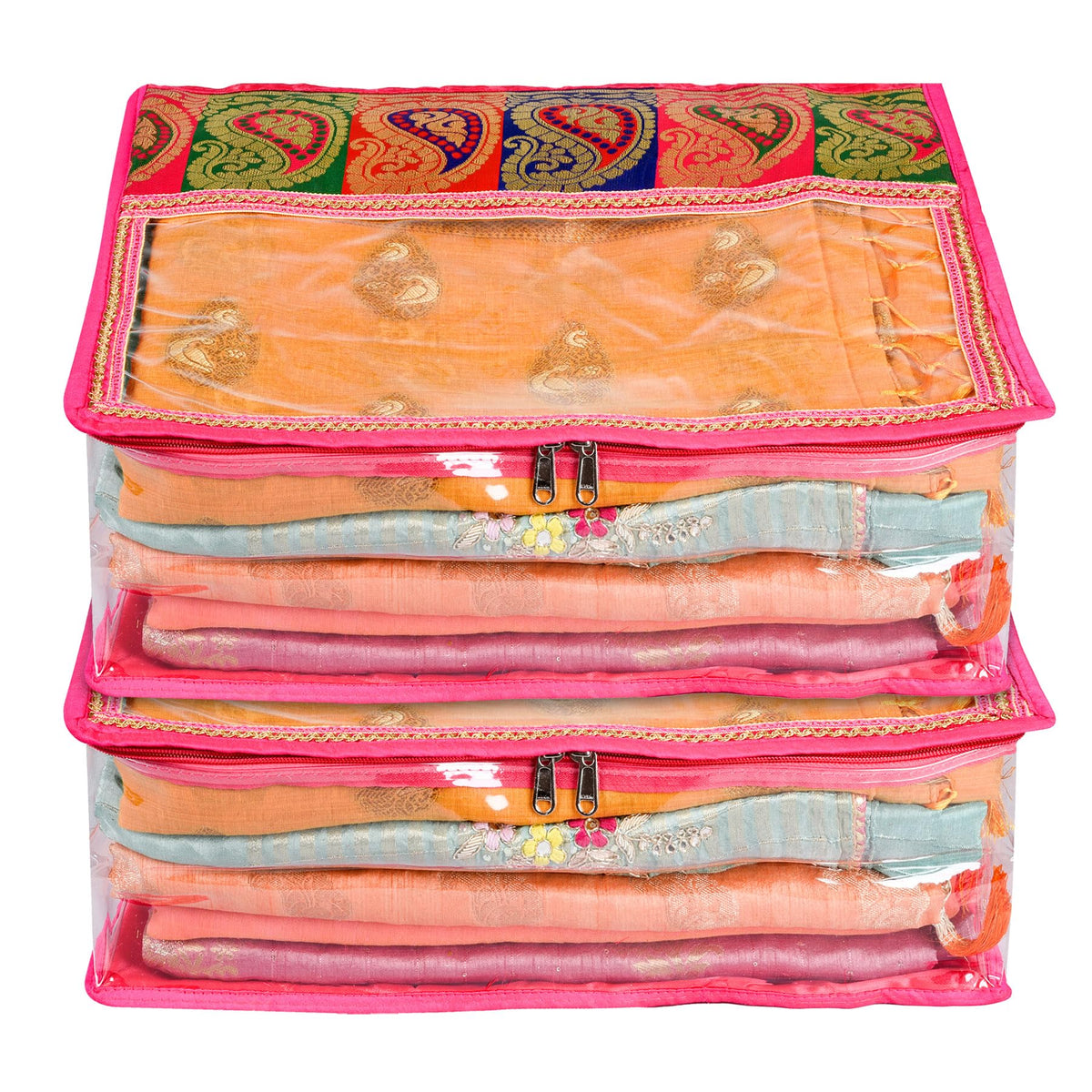 Kuber Industries Saree Cover | Clothes Storage Bag | Storage Organizer Bag | Zip Closure Saree Cover | Wardrobe Organizer | Carry Half Lace Transparent Saree Cover | 6 Inch | Pack of 2 | Pink
