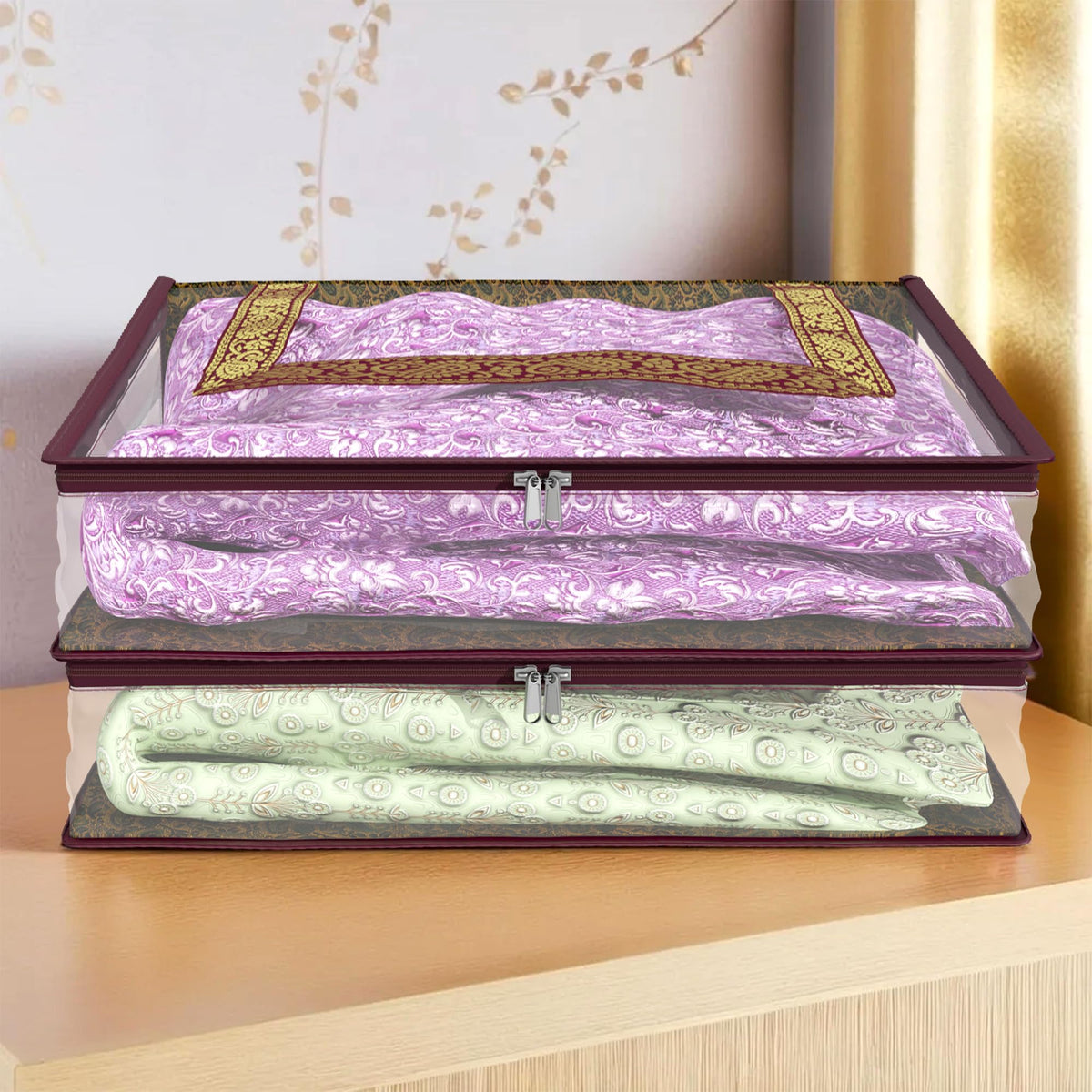 Kuber Industries Saree Cover | Clothes Storage Bag | Storage Organizer Bag | Zip Closure Saree Cover | Transparent Wardrobe Organizer | U Gota Lace Carry-Design | 6 Inch | Pack of 2 | Maroon