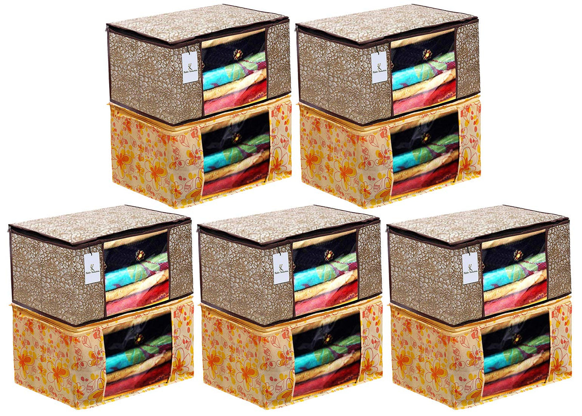 Heart Home Metalic Printed 10 Piece Non Woven Fabric Saree Cover Set with Transparent Window, Extra Large, Ivory Red & Golden Brown - CTHH22814