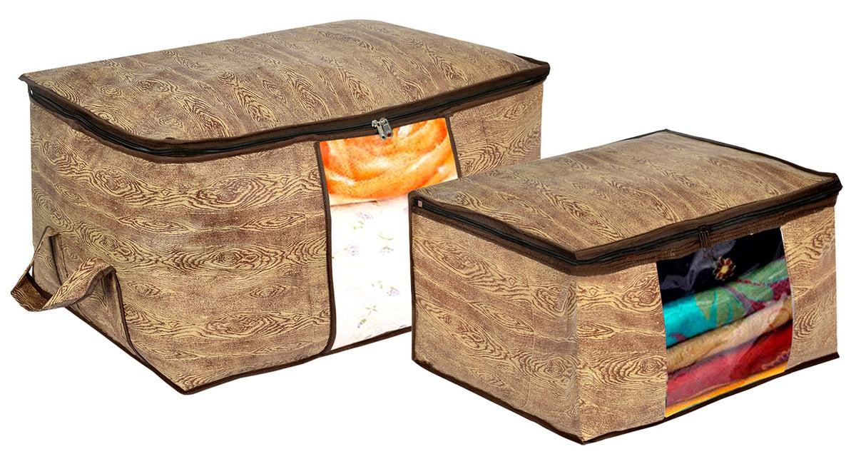 Kuber Industries Wooden Print Non Woven Saree Cover and Underbed Storage Bag, Storage Organiser, Blanket Cover (Brown)