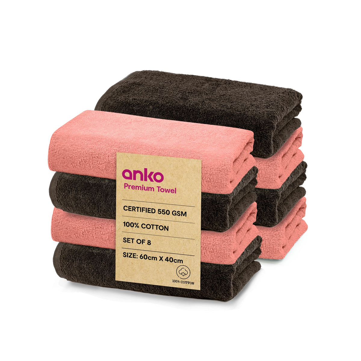 Anko Australia 100% Cotton Malmo 550 GSM | Pink and Grey Hand Towel Set of 8 | 60 x 40 cm | Soft & Plush, Absorbent, Quick Dry, Fade-Resistant Face Towels | Travel, Gym, Spa, Salon Towel