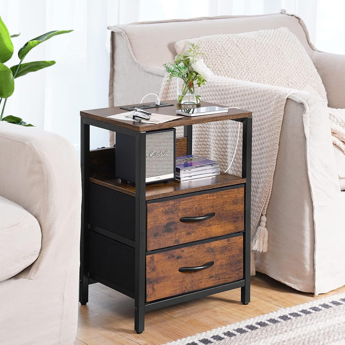 UMAI Bedside Table | Side Table for Bedroom Bed Side Table for Bedroom with Sockets | Collapsible with Universal Socket | 40x30x60cm| Brown