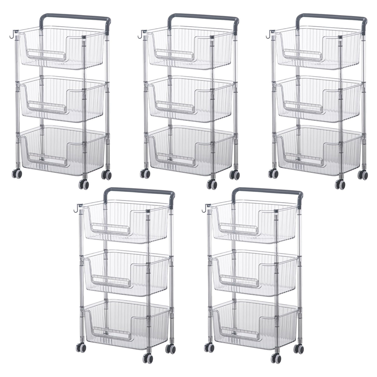 Kuber Industries Pack of 5 Multipurpose Trolley Storage Organiser | 3 Layer Shelf | Trolley with Wheels for Kitchen Accessories | Large Capacity, Easy installation, Space Saving | 2123 | Transparent