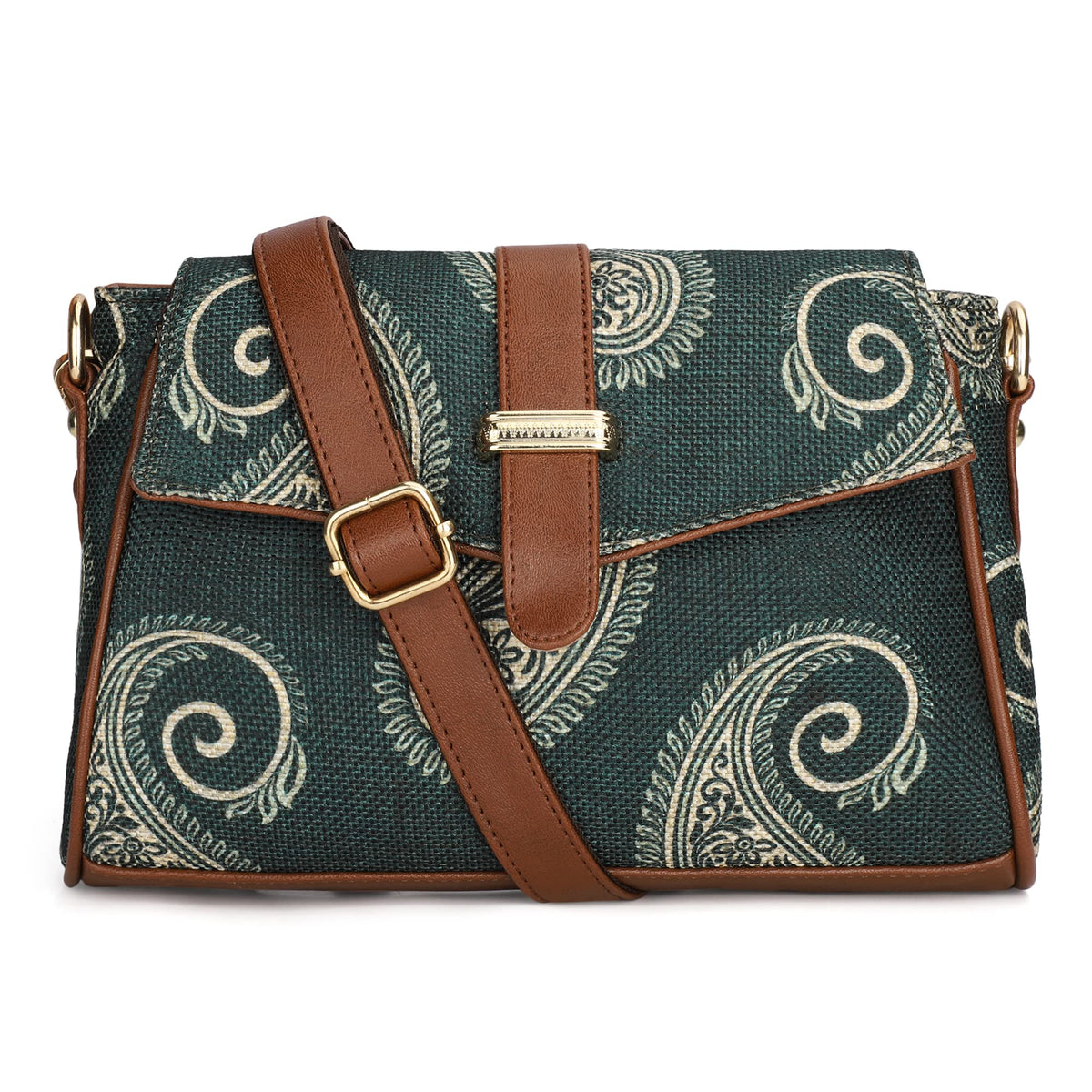 THE CLOWNFISH Odelina Series Printed Handicraft Fabric Sling Bag Handbag for Women Crossbody Bag Office Bag Ladies Single Shoulder Bag with Snap Flap Closure & Shoulder Belt For Women (Fern Green)