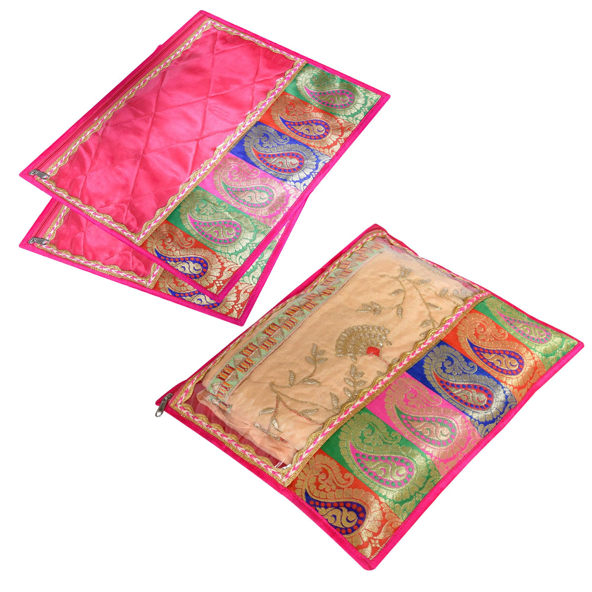 Kuber Industries Saree Cover | Zipper Closure Single Packing Saree Bag | Clothes Saree Stoarge Organizer | Wardrobe Organizer with Handle | Transparent View Packing Saree Cover | Pack of 24 | Pink