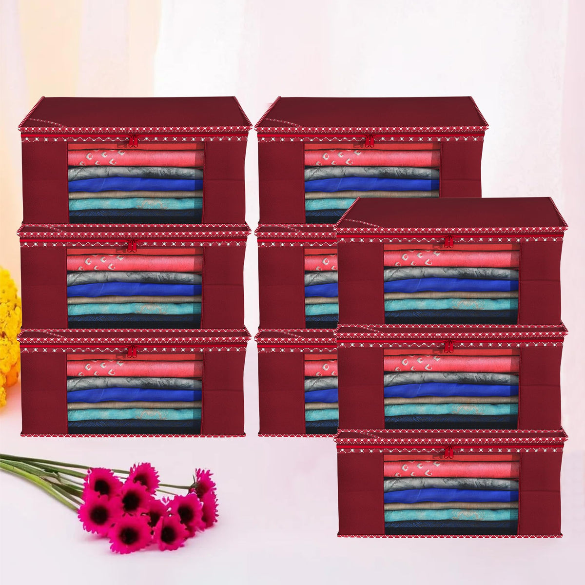 Kuber Industries Saree Cover | Zip Closure Saree Cover | Clothes Storage Bag | Wardrobe Organiser for Suit | Transparent Window Saree Cover | Dot Border-Design | 9 inch | Pack of 9 | Maroon