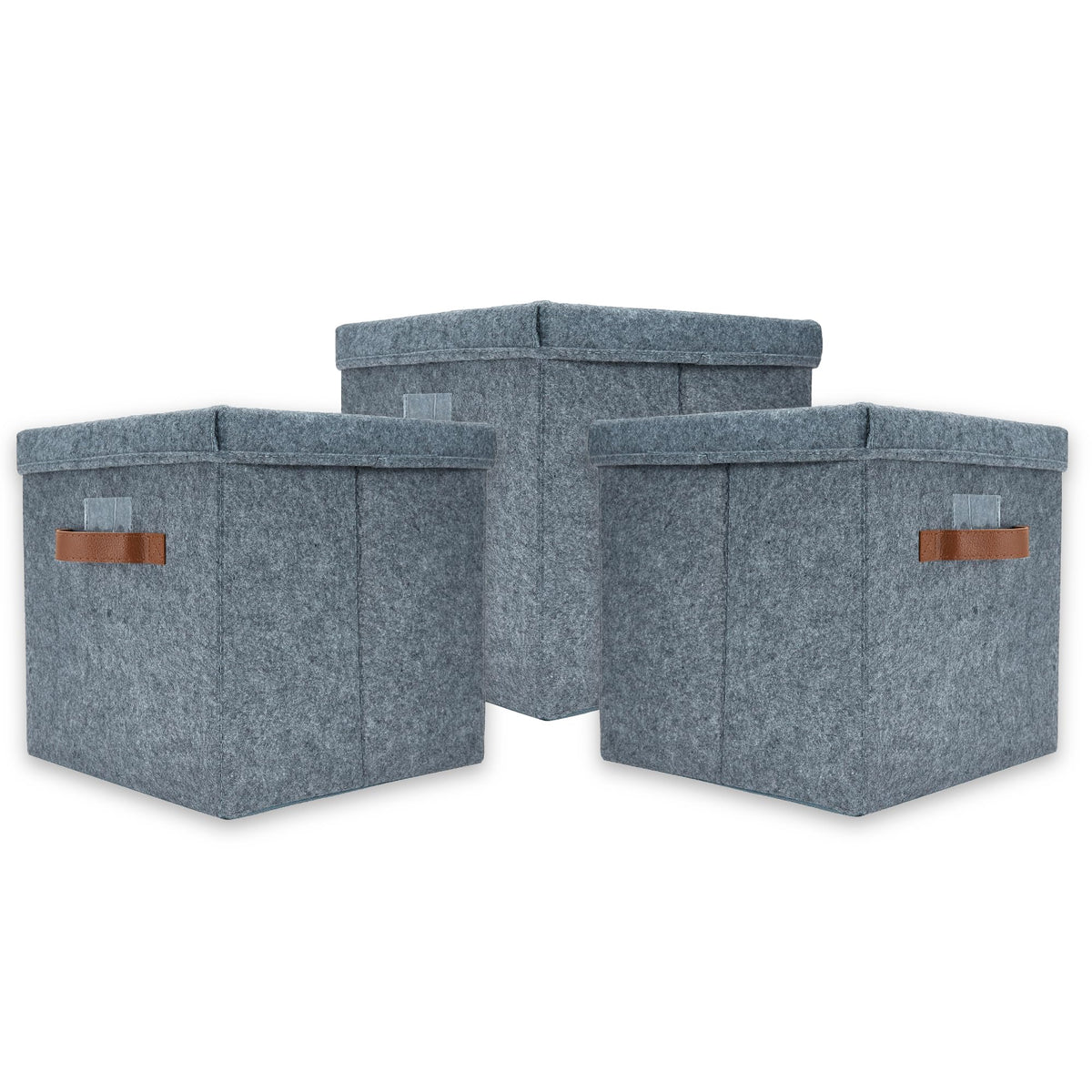 Anko Australia Foldable Storage Cube with Lid- Set of 3 | Sturdy Durable Fabric | Faux Leather Handles | Grey | Storage Box for Saree, Shirts, Woolens, Books, Toys | 11.8 x 11.8 x 11.8 Inch