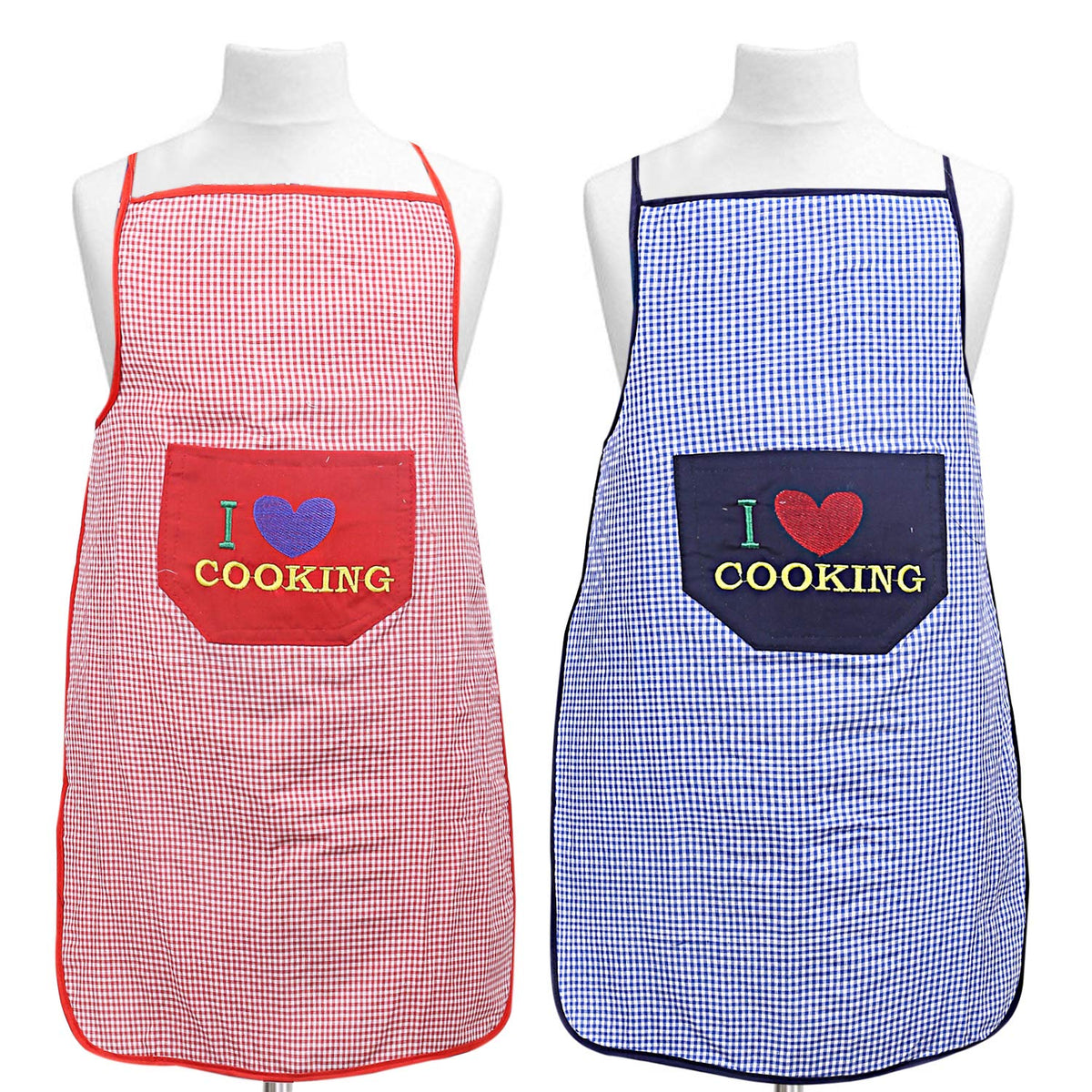 Kuber Industries Checks Print Apron|Checks Design & Waterproof Material|Designer Front Pocket|Size 75 x 50 CM, Pack of 2 (Red and Blue)-CTKTC13725