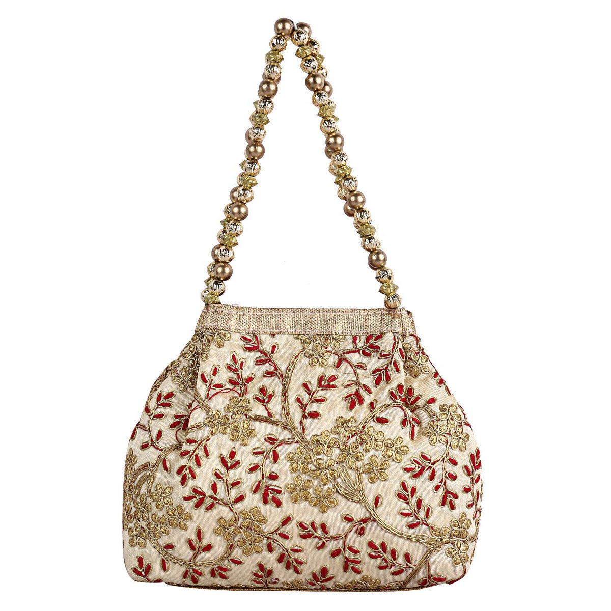 Kuber Industries Attractive Embroidery Polyester Hand Purse & Artificial Pearls Handle with 3 Magnetic Lock for Woman,Girls (Cream)