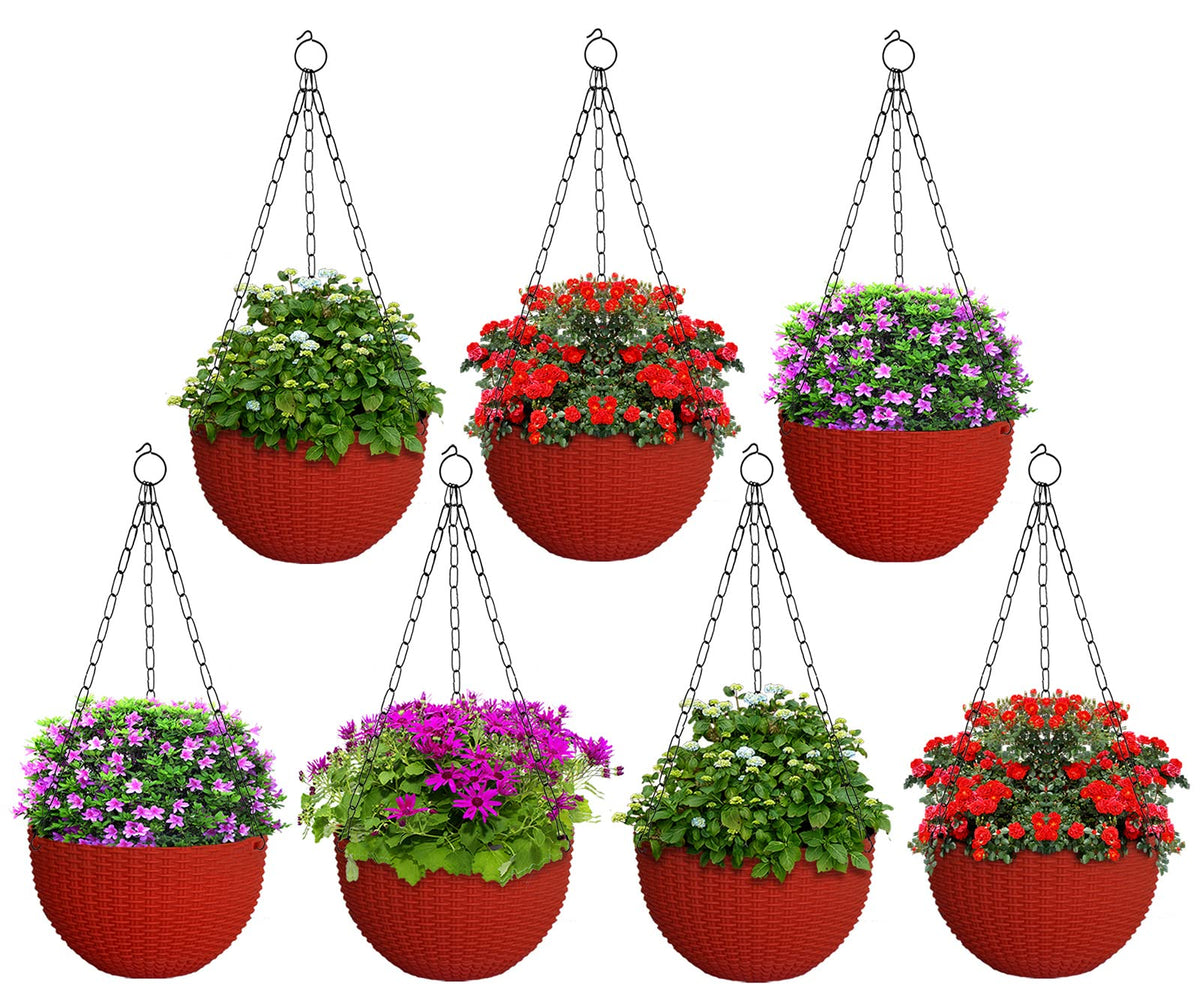 Kuber Industries Plastic Hanging Flower Pot for Balcony & Railing Set of 7 (Red)-20x20x59 cm