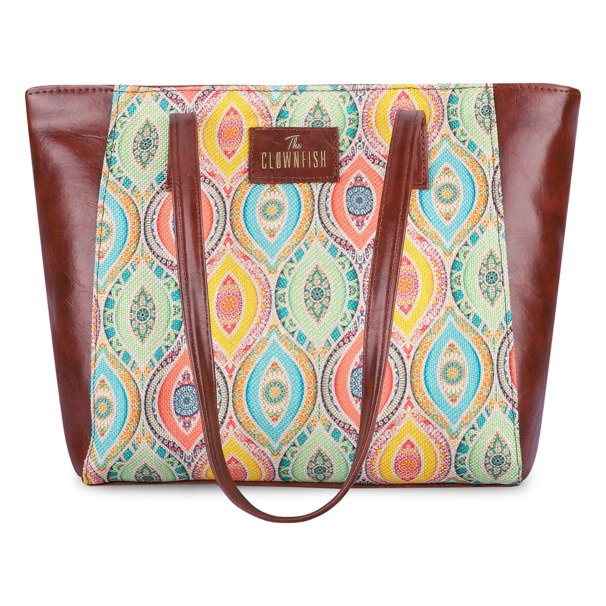 THE CLOWNFISH Valentine Printed Handicraft Fabric & Faux Leather Handbag for Women Office Bag Ladies Shoulder Bag Tote for Women College Girls (Multicolour Design)