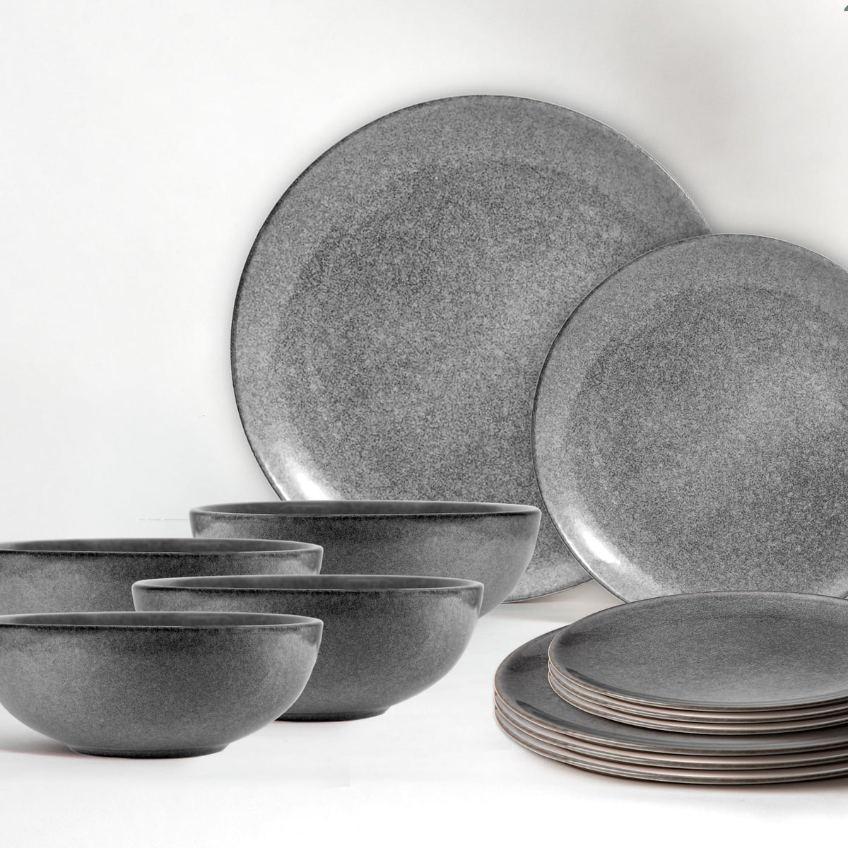 Anko Glazed Stoneware 12 pcs Dinner Set | Premium Crockery for Dining Table, Home, Restaurant, Gifting | Aesthetic Tableware Service Set for 4 | 4 Dinner Plates, 4 Side Plates, 4 Bowls, Grey